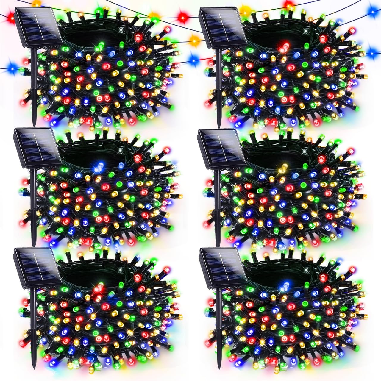 YIQU Solar Christmas Lights Outdoor, 600 LED, 198 FT, Waterproof, Multicolor, 8 Lighting Modes, 6 Pack