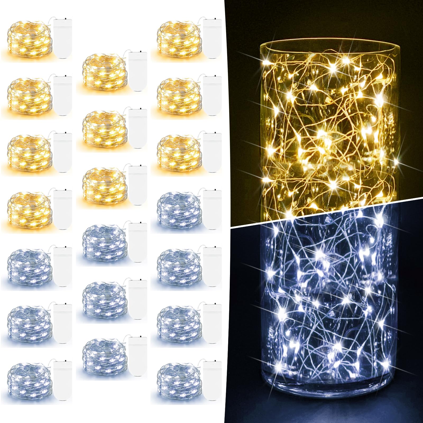 Aozope 20 Pack Fairy Lights, 7Ft Waterproof Copper Wire Led String Lights, Warm & Cool White