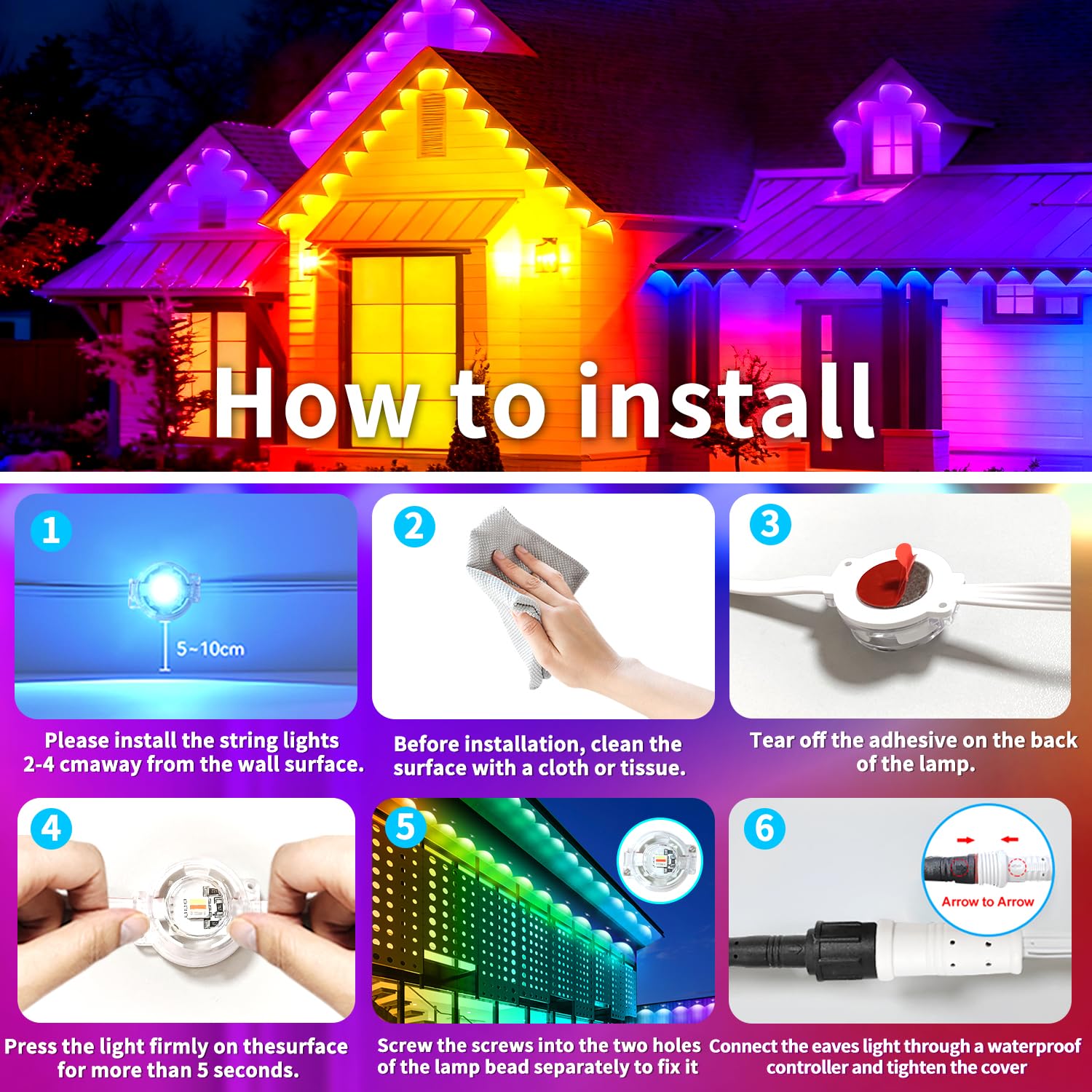 Yocrostar 400ft RGB Permanent Outdoor Lights, IP67 Waterproof Eaves Lighting, DIY Scene Modes, Model YXY-006, Perfect for Garden and Party Decor