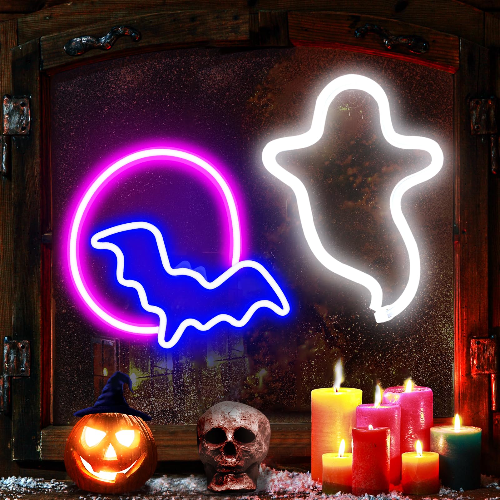 Zyp 2 Pack Halloween Led Neon Signs - Ghost, Bat & Moon Lights For Indoor Party Decor