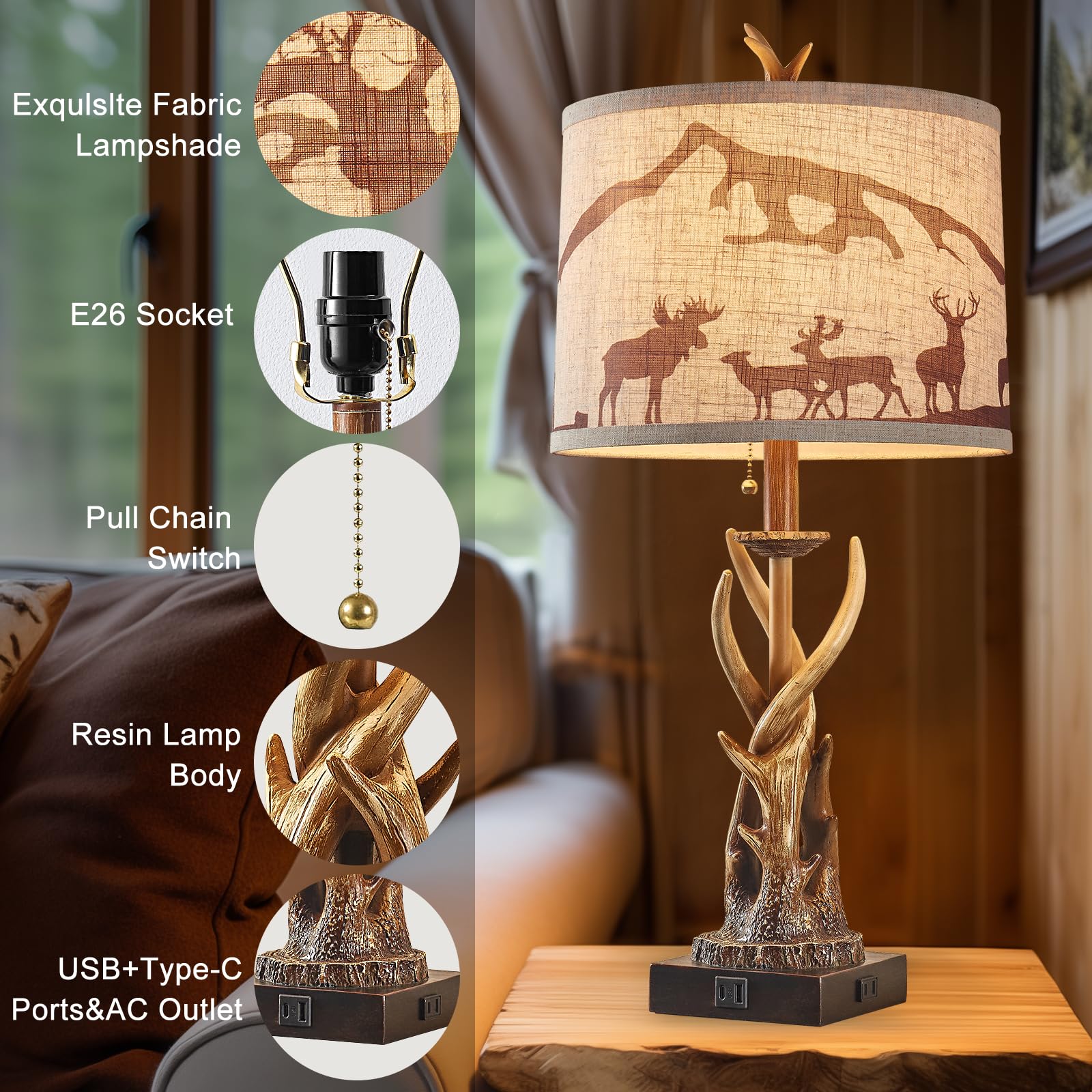 Bowobo Antler Table Lamps Set Of 2 For Bedroom, Farmhouse Rustic Antler Deer Bedside Lamps With Usb A+C Ports For Living Room En