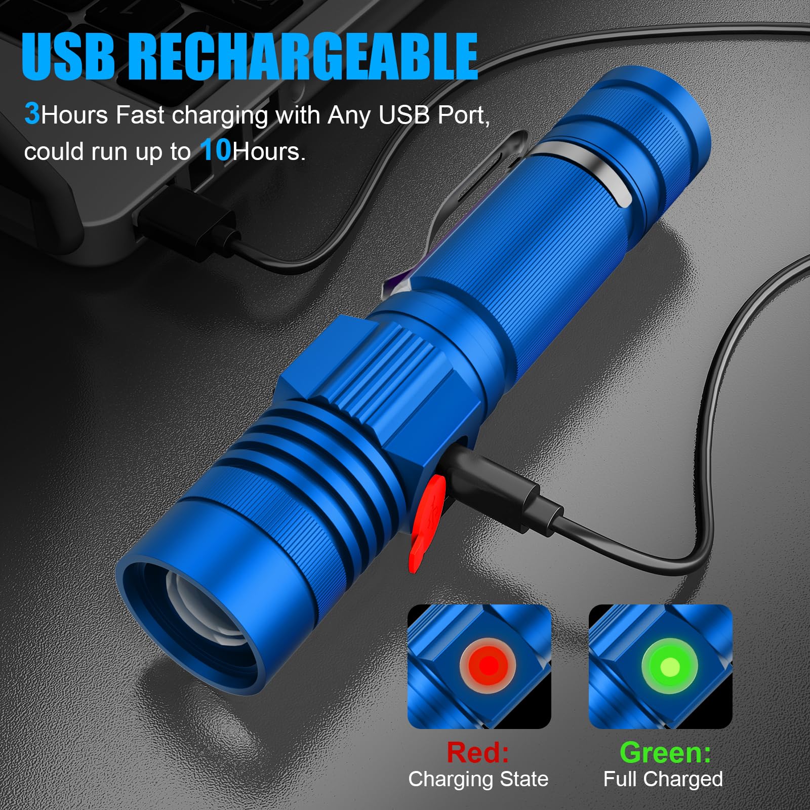 Hoxida USB Rechargeable Magnetic LED Flashlight, 2000LM, Waterproof, Zoomable, Blue, Model 006