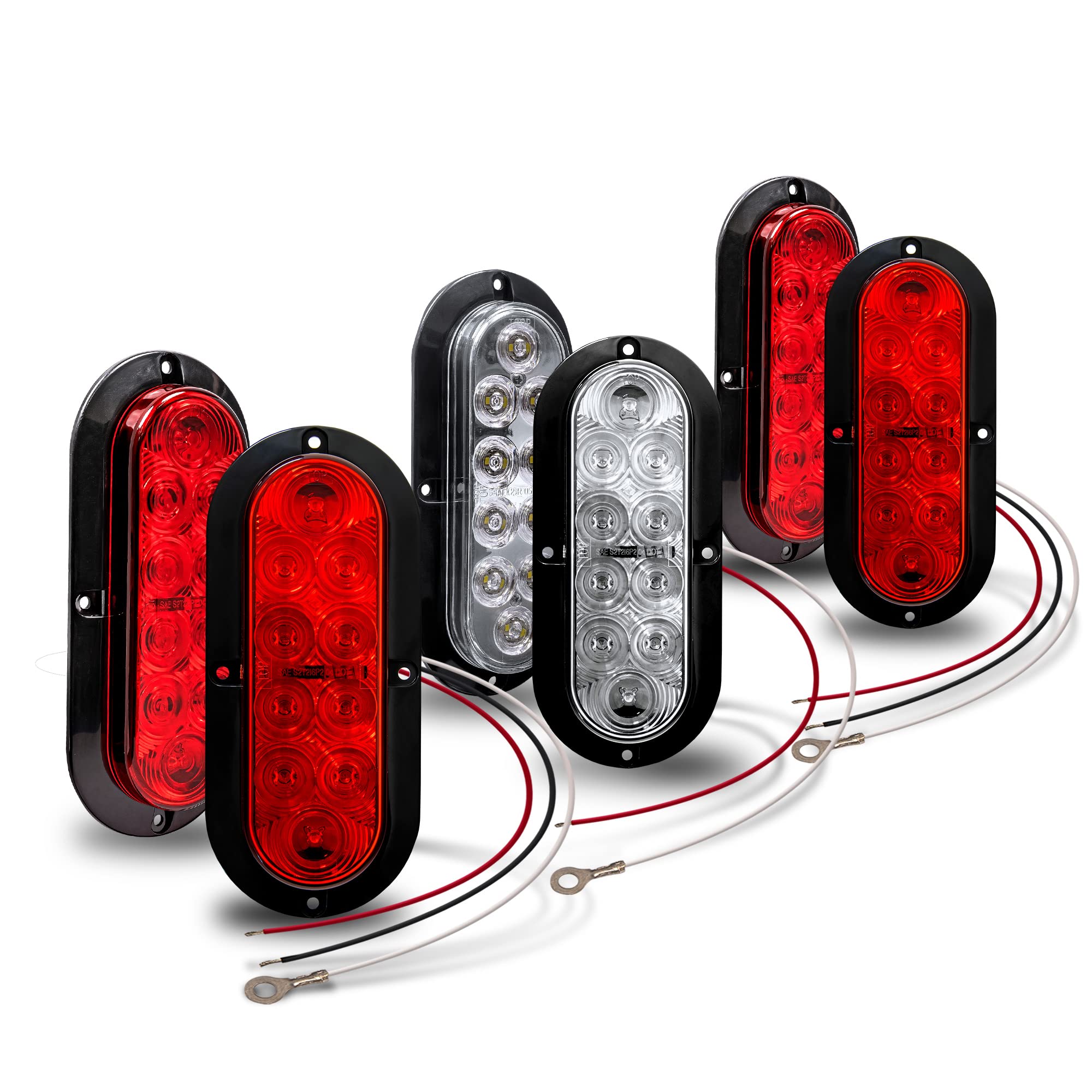 4 Red  2 White 6 Inch Oval Led Trailer Tail Light Kit Surface-Mount] Dot Fmvss 108  Sae] Ip67 Waterproof] Stop Brake Turn Revers