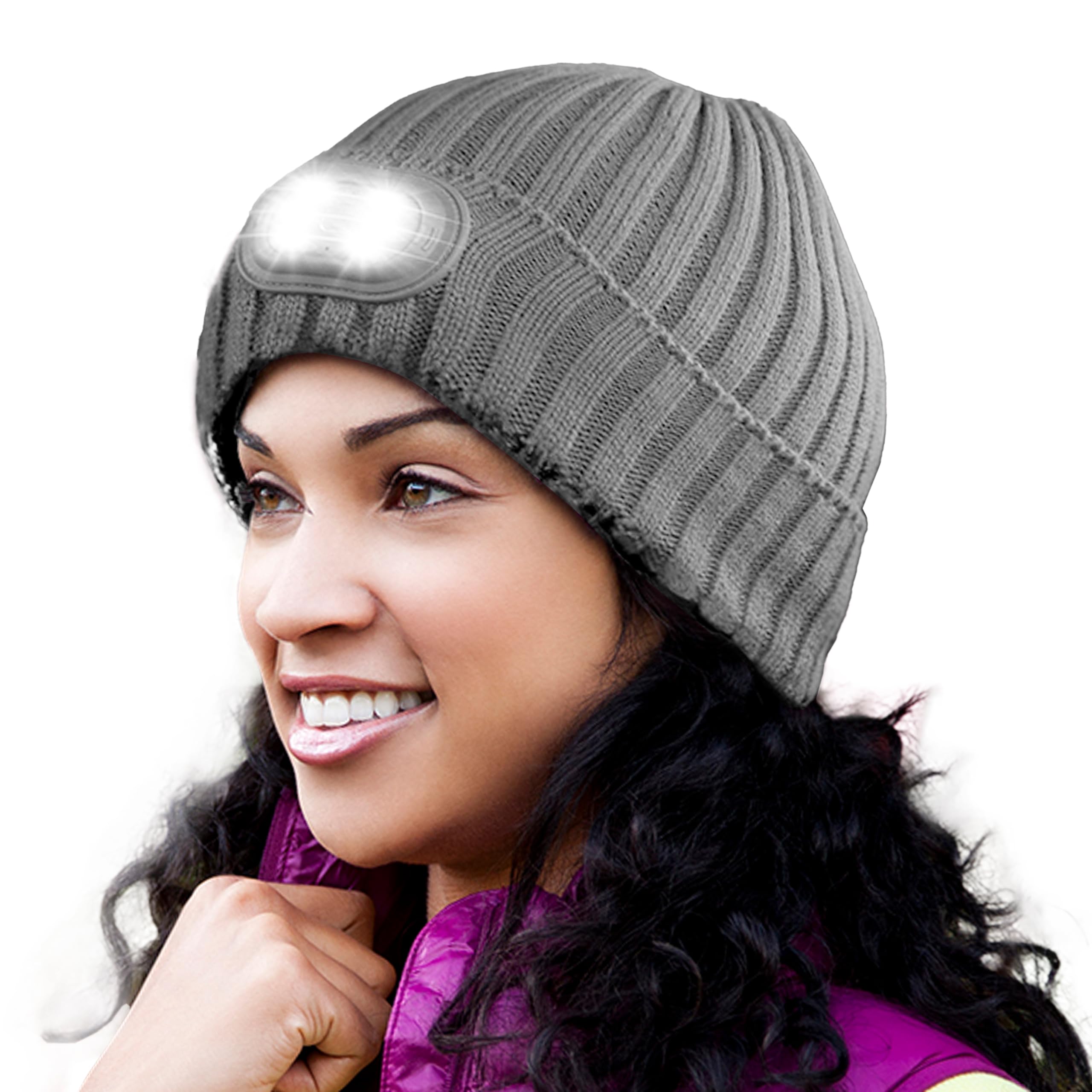 Head Lightz Headlightz By Roq Innovation - Beanie With Light, Unisex Led Beanie Hat With Light Built In, Rechargeable, Grey-Mono