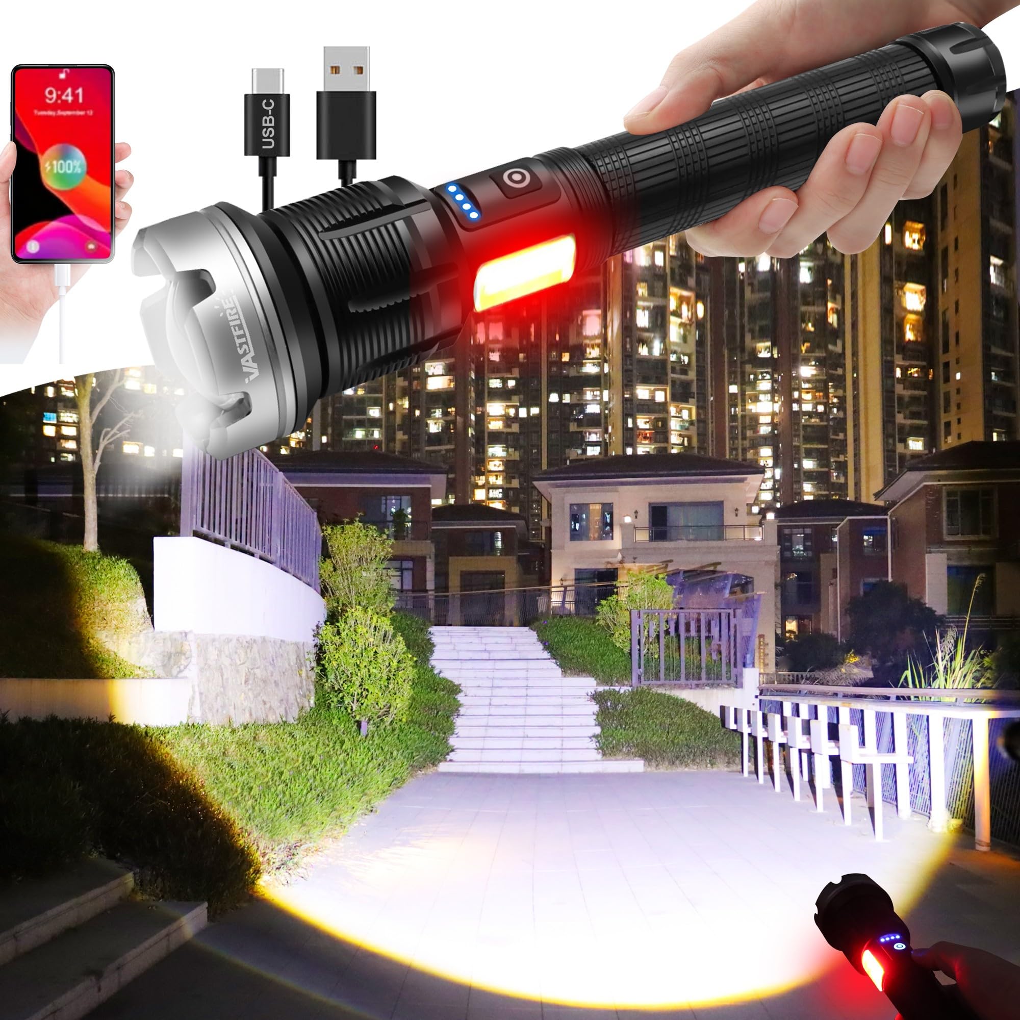 Vastfire High Lumens Rechargeable Flashlight & Mini Uv Light For Emergencies, Camping, Home