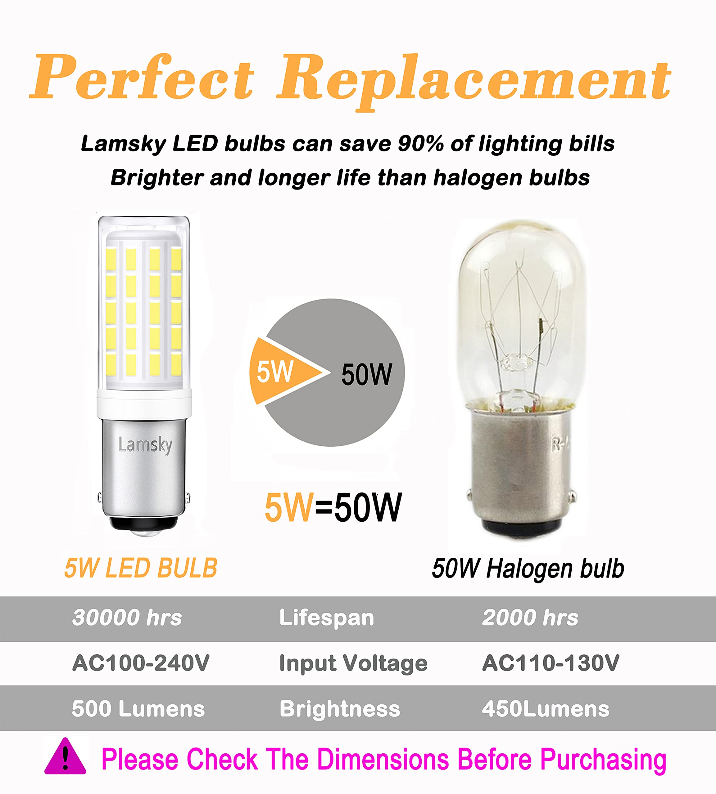 Lamsky BA15D LED Bulb for Sewing Machines, 5W Daylight White, 6000K, 4 Count, Replaces JD Type T3/T4, AC100-