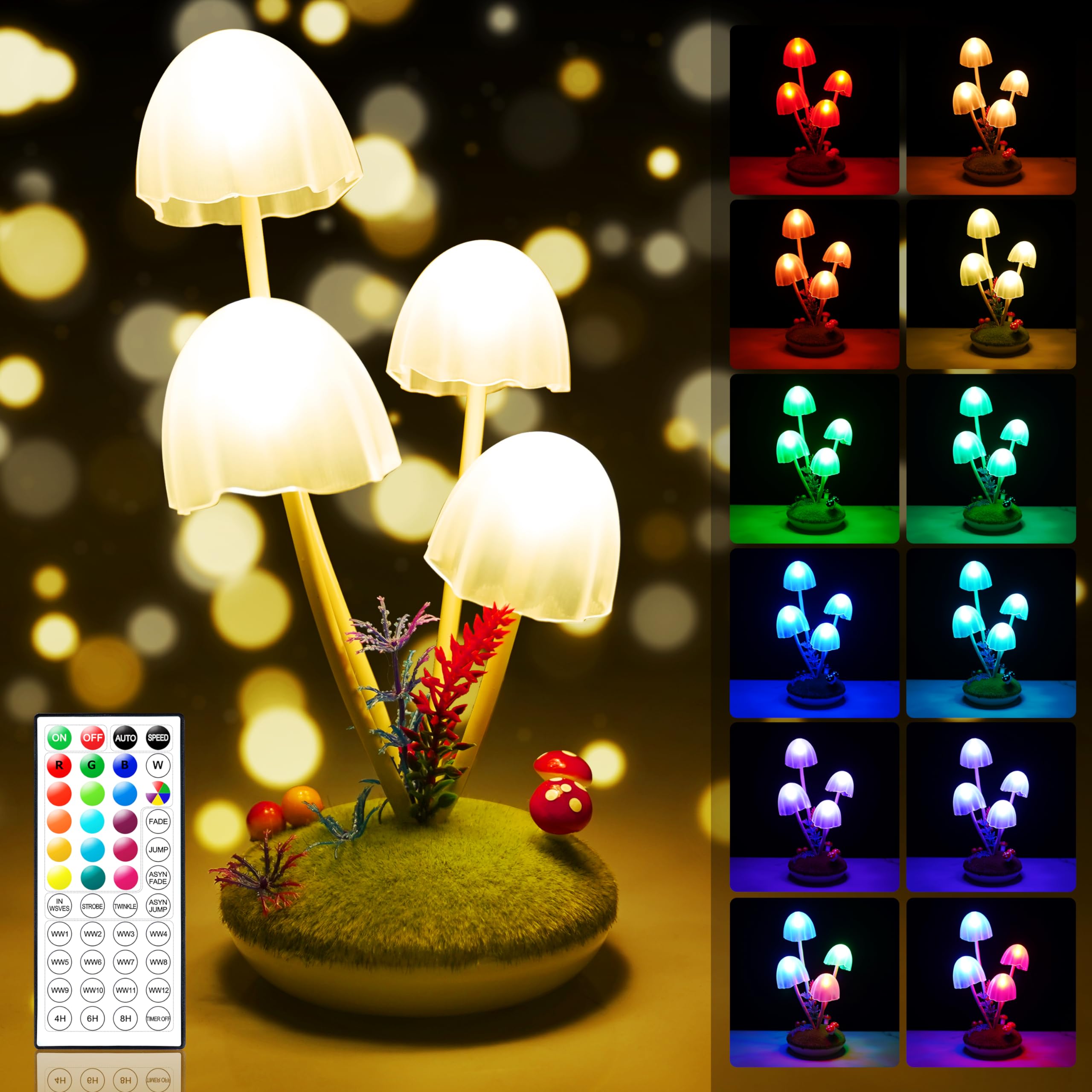 Mushroom Night Light for Kids, Wonderland Mushroom Lamp Decor, 22 Colors & 19 Lighting Effects Small Table Bedside Lights with R