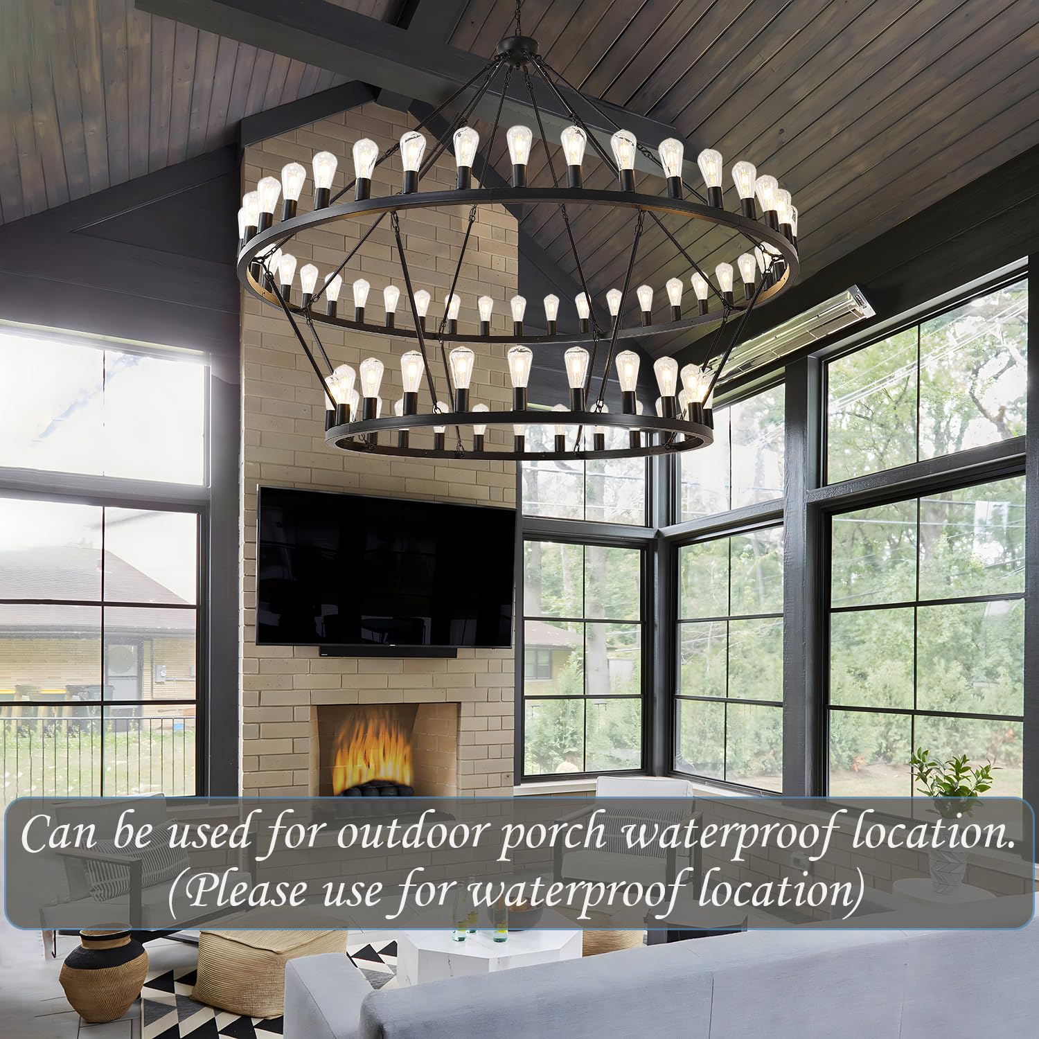 Viksroeo 70 Inch Black Extra Large Wagon Wheel Chandelier, 2 Tier 64-Lights Farmhouse Industrial Round High Ceiling Pendant Ligh