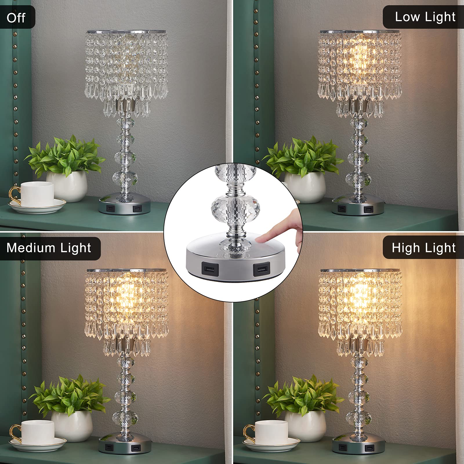 Acaxin Crystal Table Lamp - 3 Way Dimmable Bedside Light with USB Ports, Silver, Medium Size for Bedroom and Living Room