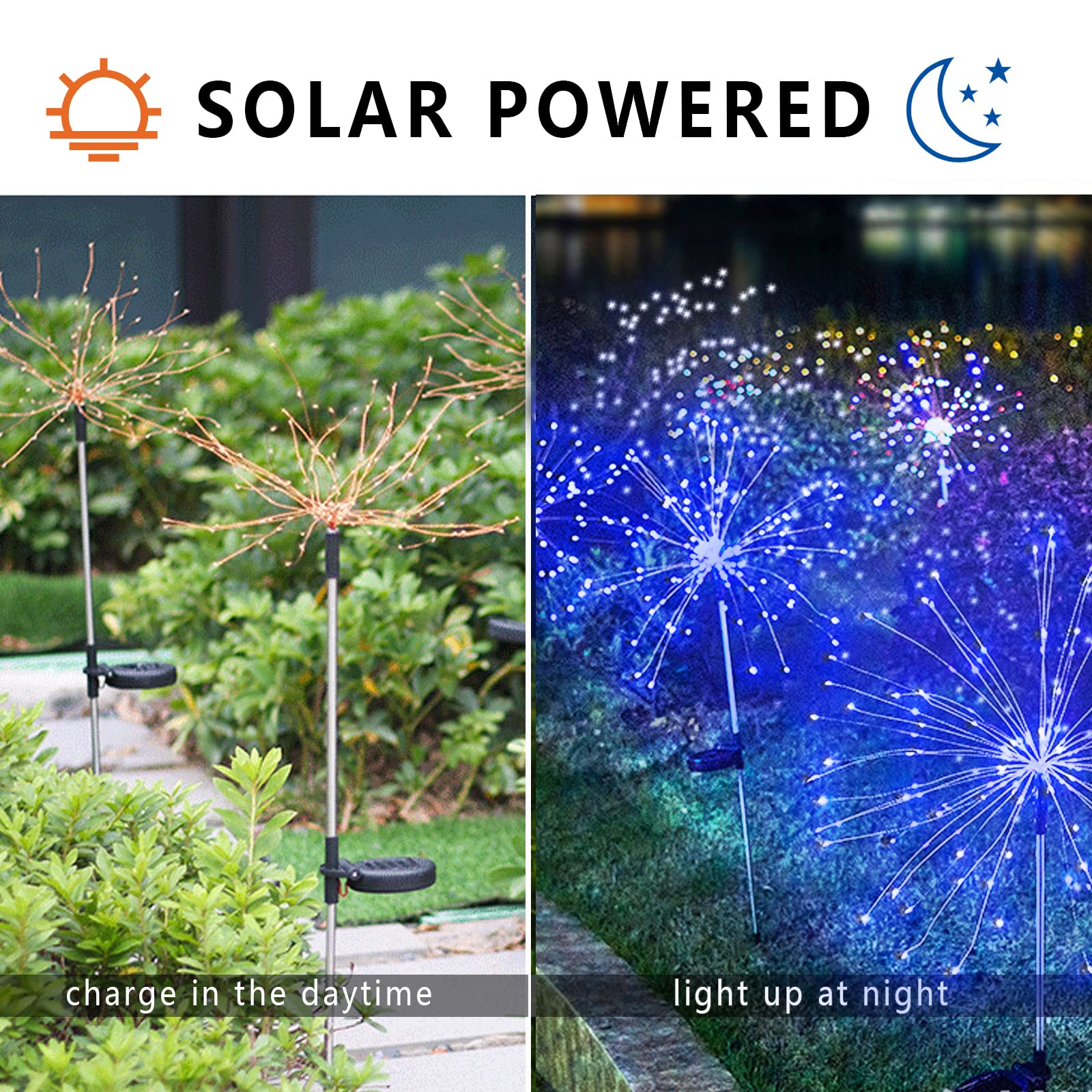 YOTOZU Solar Firework Light, 120 LED Copper Wire String, 2 Pack, Blue, Outdoor Garden Decorative Lights for Pathway and Parties