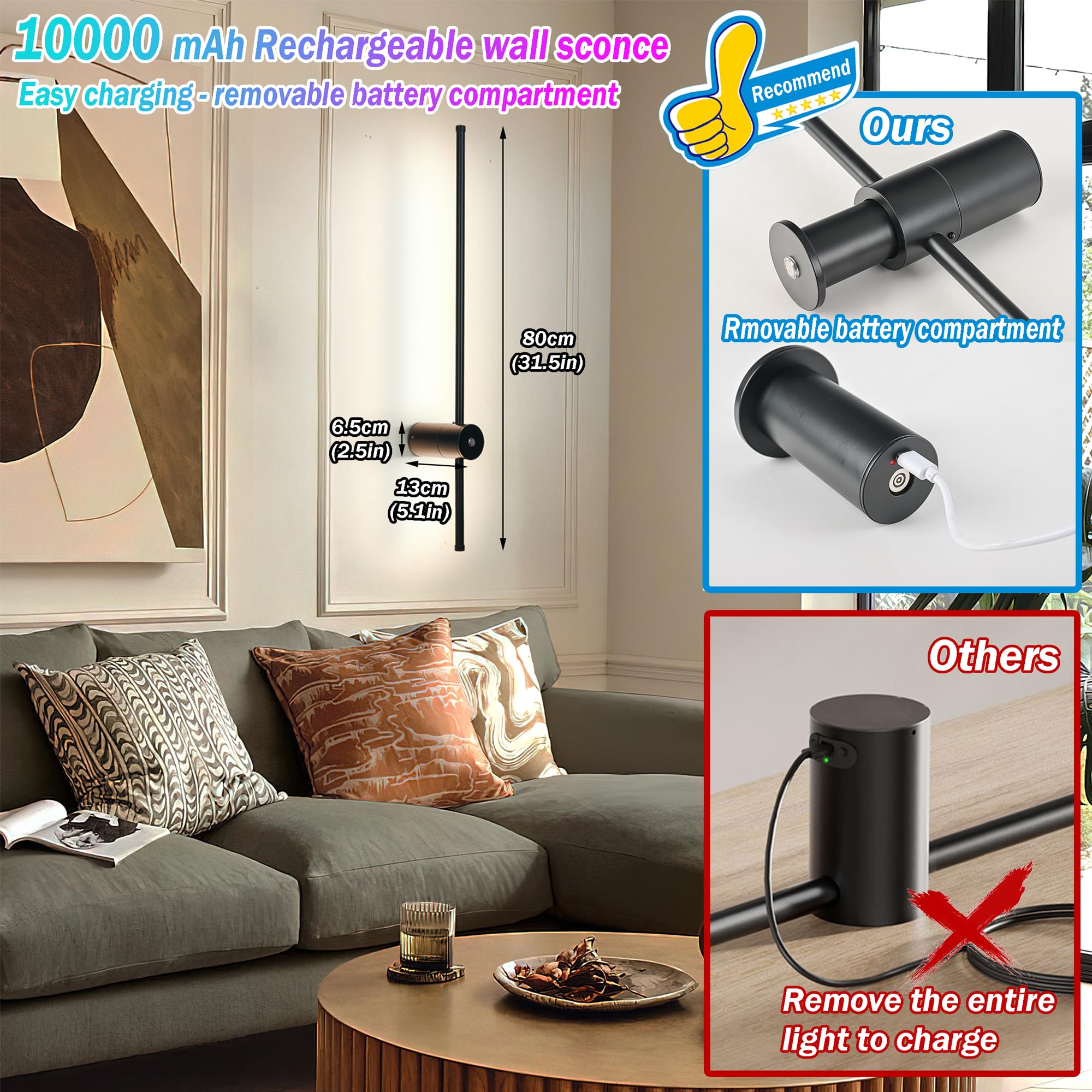Battery Operated Wall Sconce, Wireless Wall Sconces Set Of Two With Remote Control, 10000Mah Detachable Rechargeable Wall Sconce