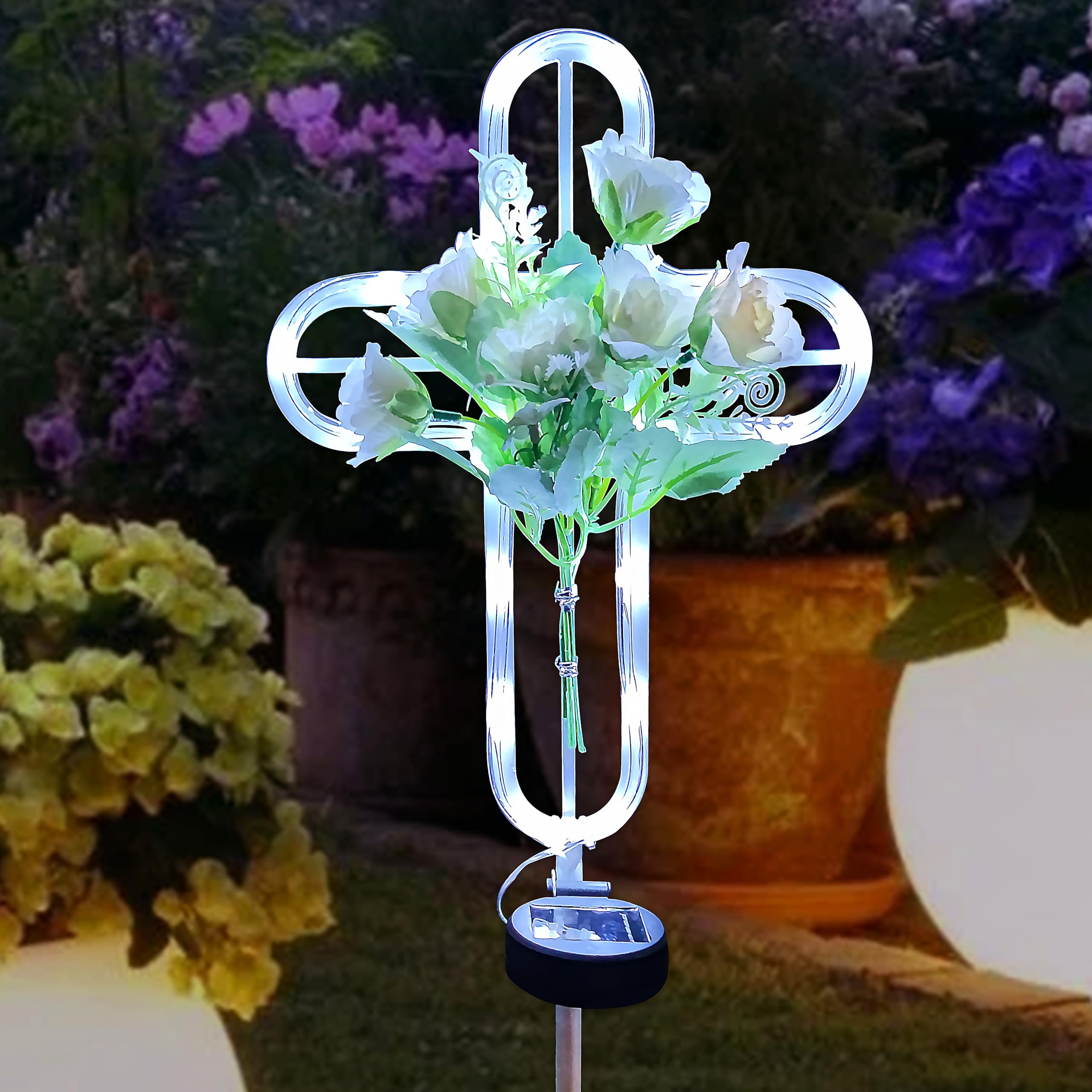 Coozzyhour Solar Cross Garden Stake Lights, Cemetery Decorations For Grave Outdoor Led Light, Artificial Flowers Cross For Remem