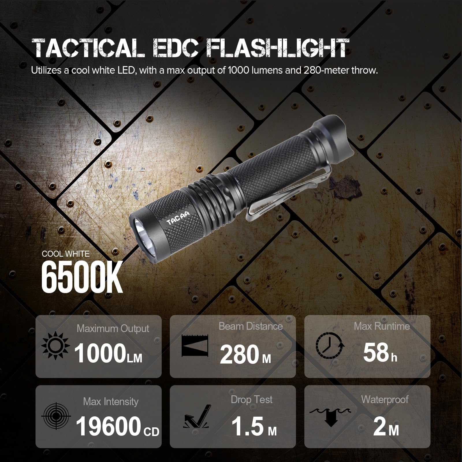 Acebeam Tac Aa 2.0 Longest-Range Aa Flashlight 280 Meters, 1000 High Lumens Tactical Edc Flashlight Rechargeable, 6 Modes Pocket