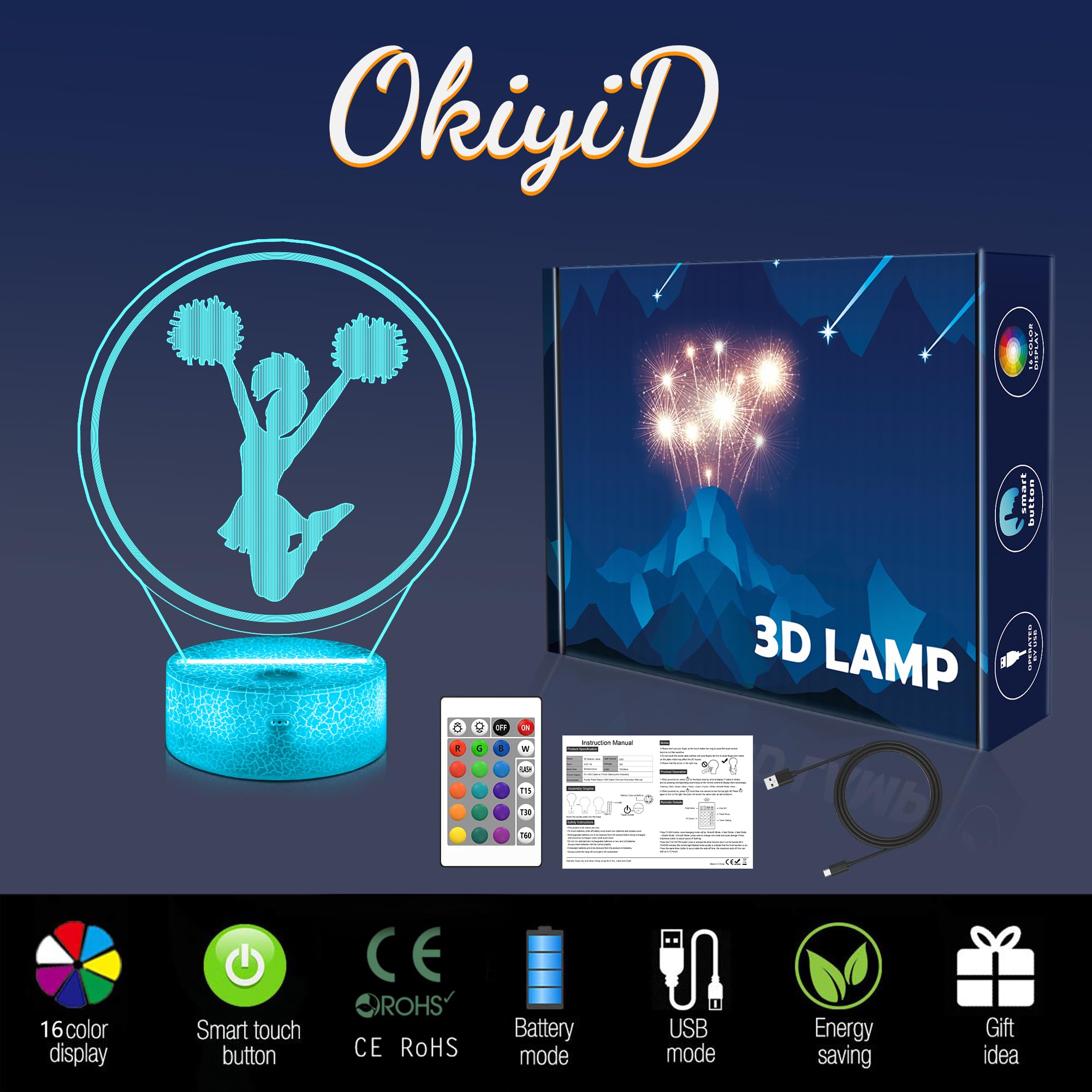 OkiyiD 3D Cheerleader Night Light Lamp with 16 RGB Colors, Remote Control & Timer, Acrylic Decor for Girls' Room, Model FS-2810-9999