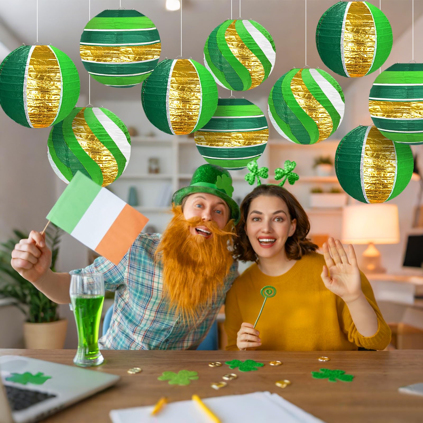 KAXIXI Green Gold Paper Lanterns - 6pcs Hanging Decorations for St. Patrick's Day, Engagement, Birthday, Indoor/Outdoor Party Supplies