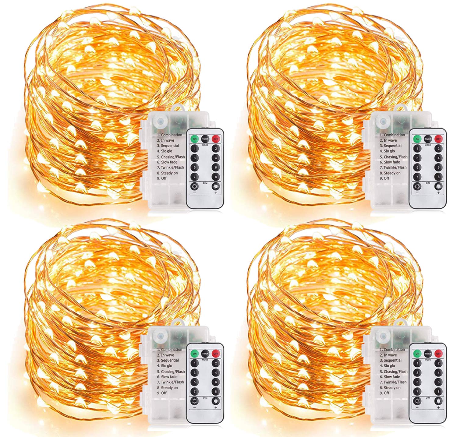 MUMUXI Fairy Lights String Lights, 33 Ft, 100 LED, Battery Operated, Waterproof, Warm White, Set of 4