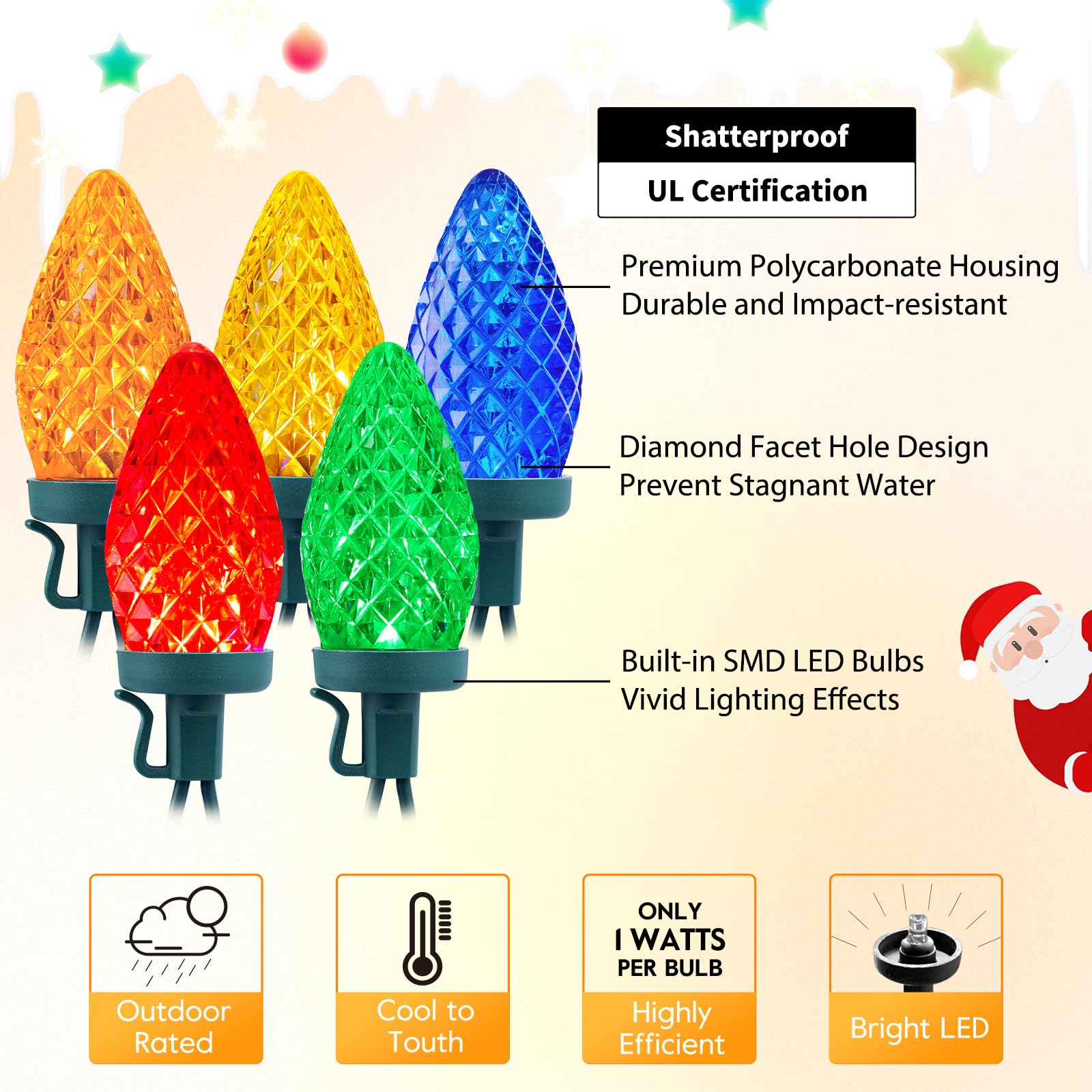 Brightown C9 LED Christmas String Lights, 200 LEDs, 132ft, Multicolor, Plug-in Connectable, Outdoor Holiday Decor, Model 5-100/2F/C-033