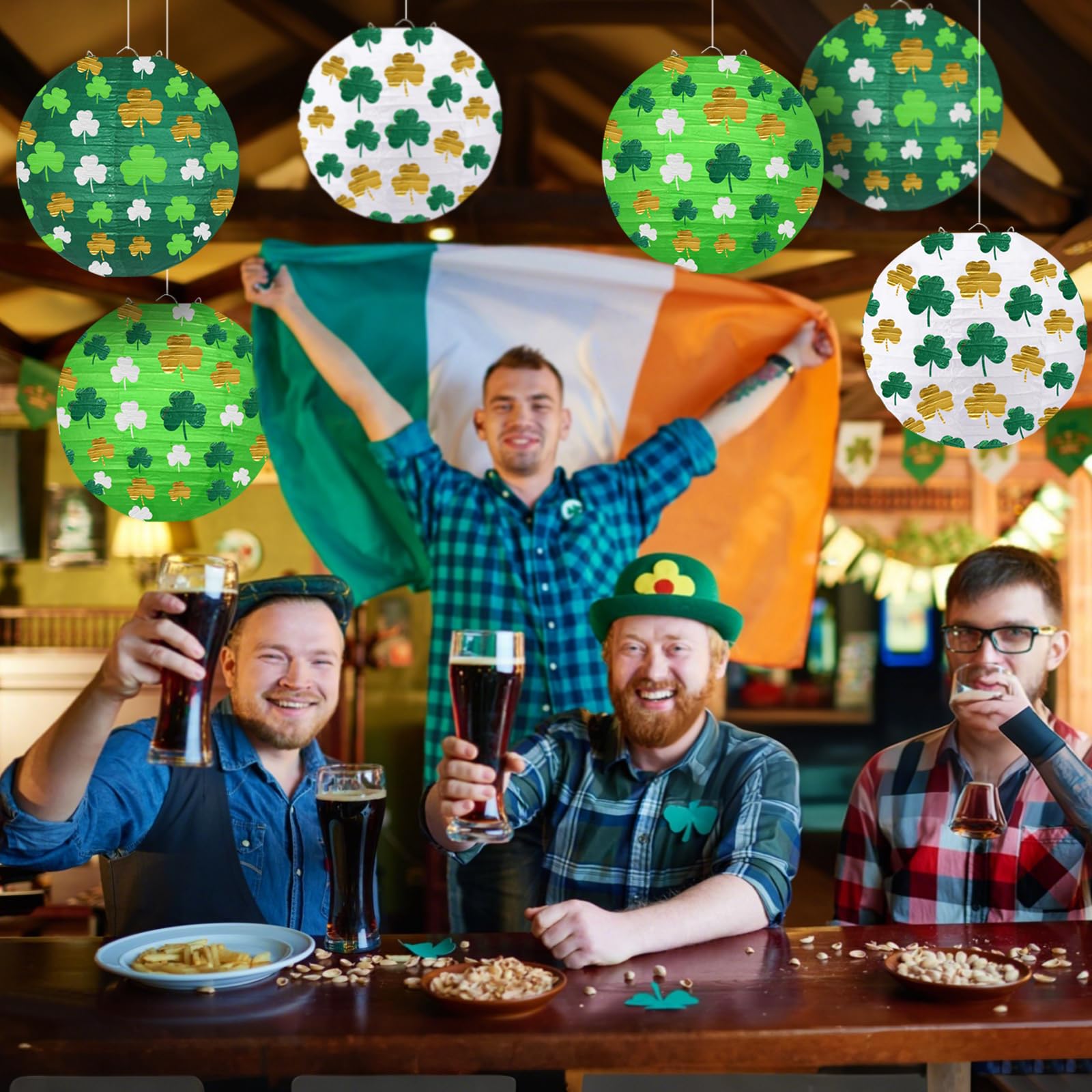 KAXIXI St Patricks Day Paper Lanterns, Green Four-Leaf Clover, 6pcs, Festive Decorations for Indoor/Outdoor Parties