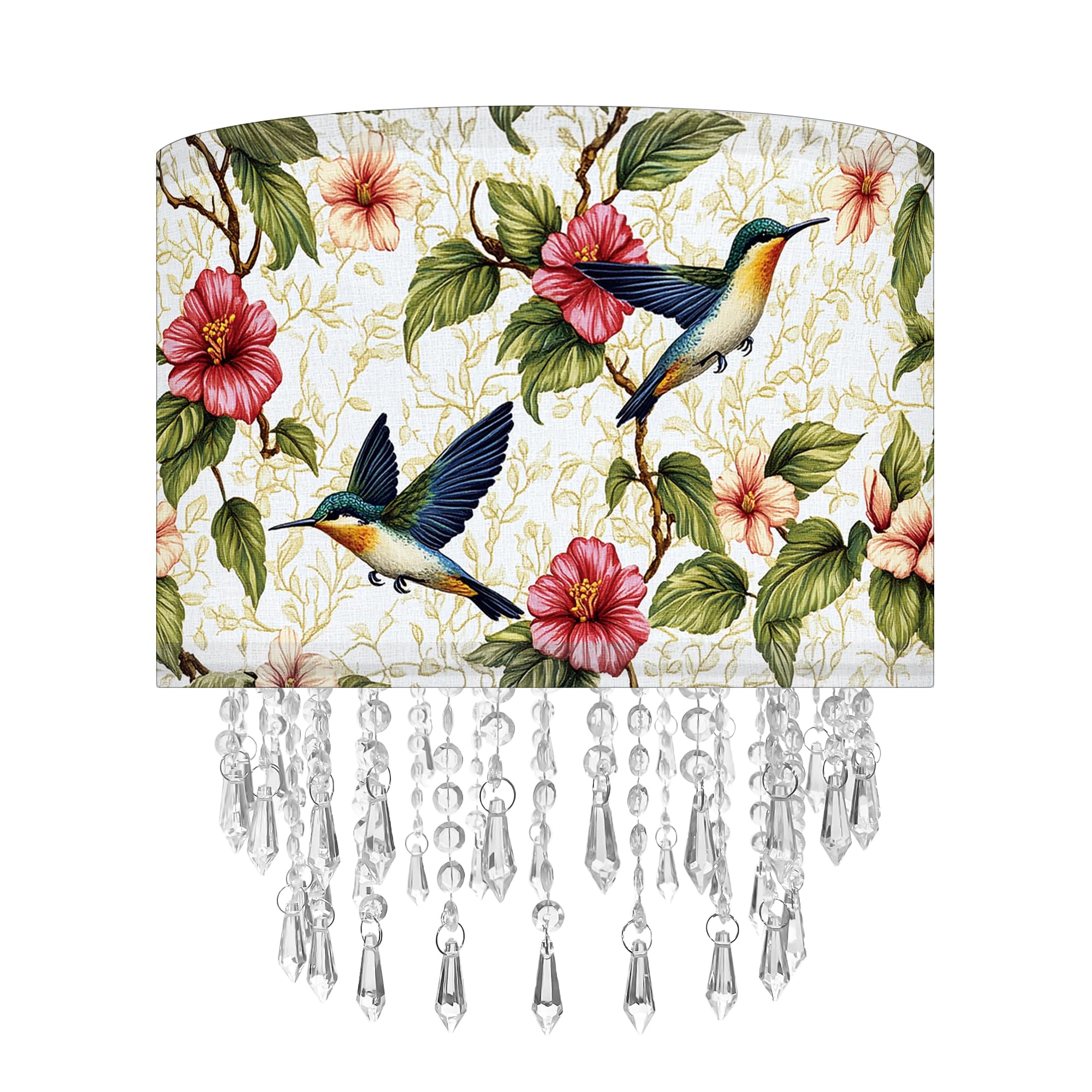 Hummingbird Floral Lamp Shade with Acrylic Bead Droplets, Spring Humming Bird Flower Fabric Light Shade for Pendant Table & Floo