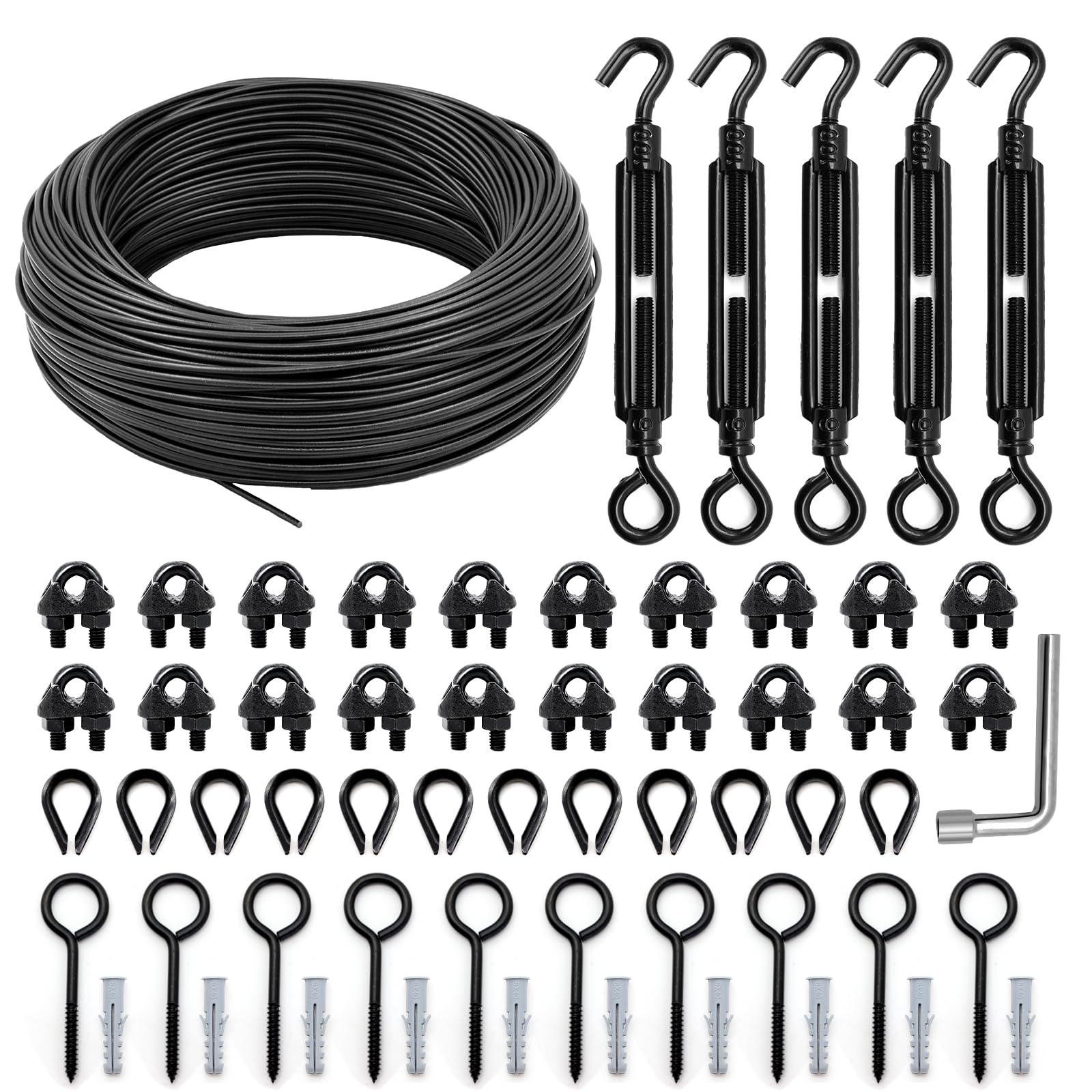 hannger String Light Hanging Kit Outdoor, Full Black Globe String Lights Suspension Kit w/ 100FT PVC Coated Steel Cable & Enough