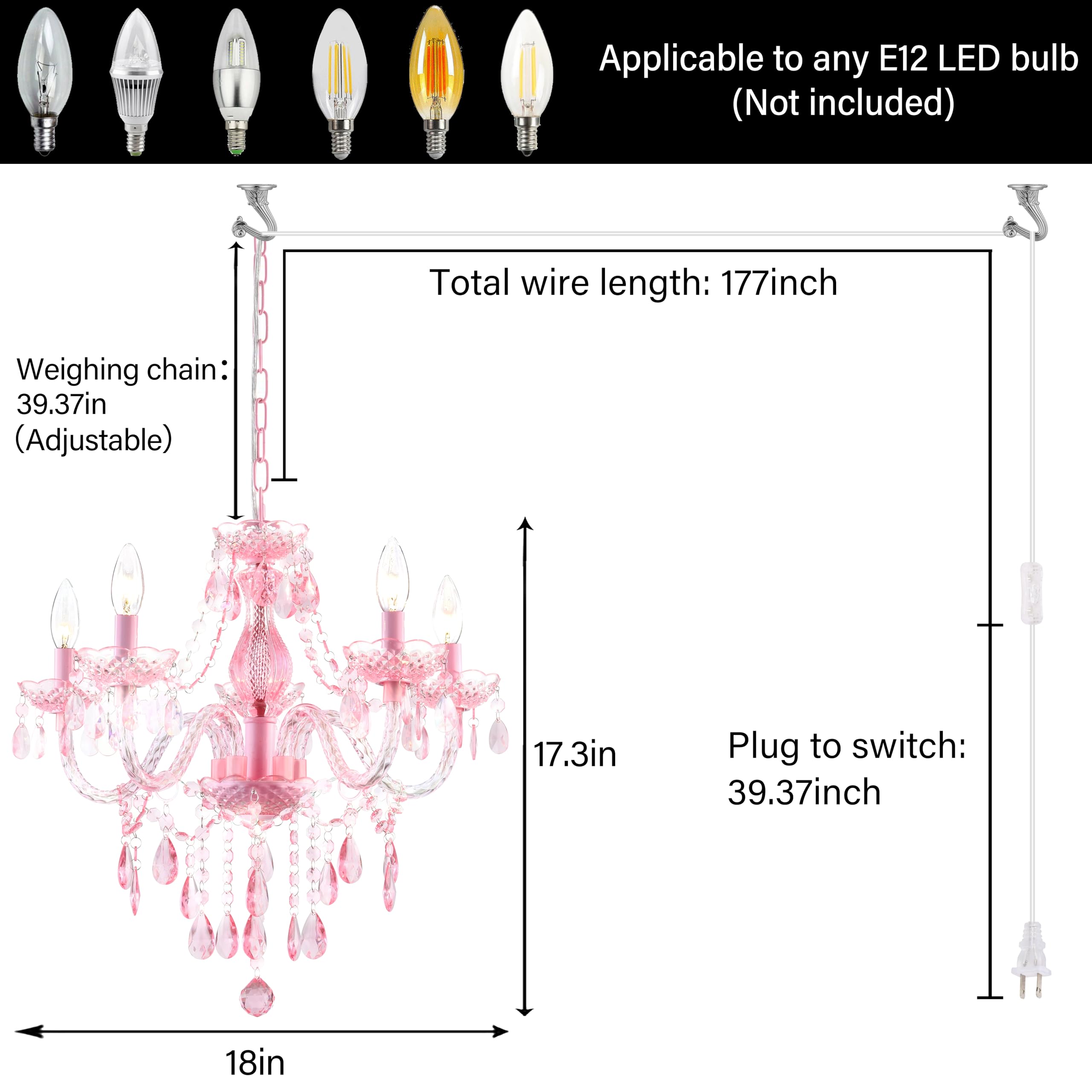 PAPAYA Pink Crystal Chandelier Pendant Light with 5 Lights, Clear Cord & Switch, H19" D19.7" for Kitchen, Dining, Girls' Room