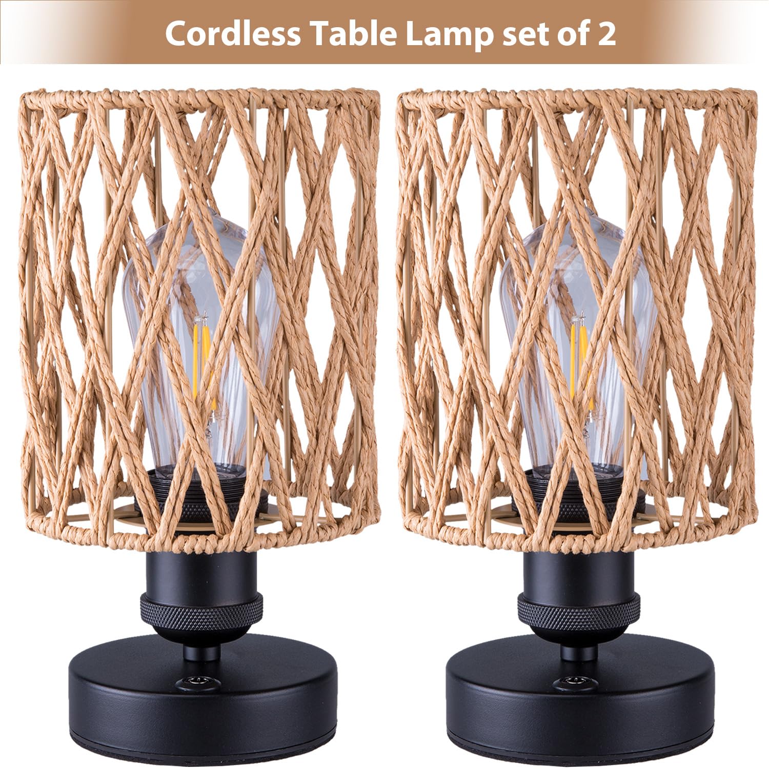 ALL FORTUNE Cordless Outdoor Table Lamps Set of 2, Rechargeable, Rattan Boho, Beige-A, Model KF130689