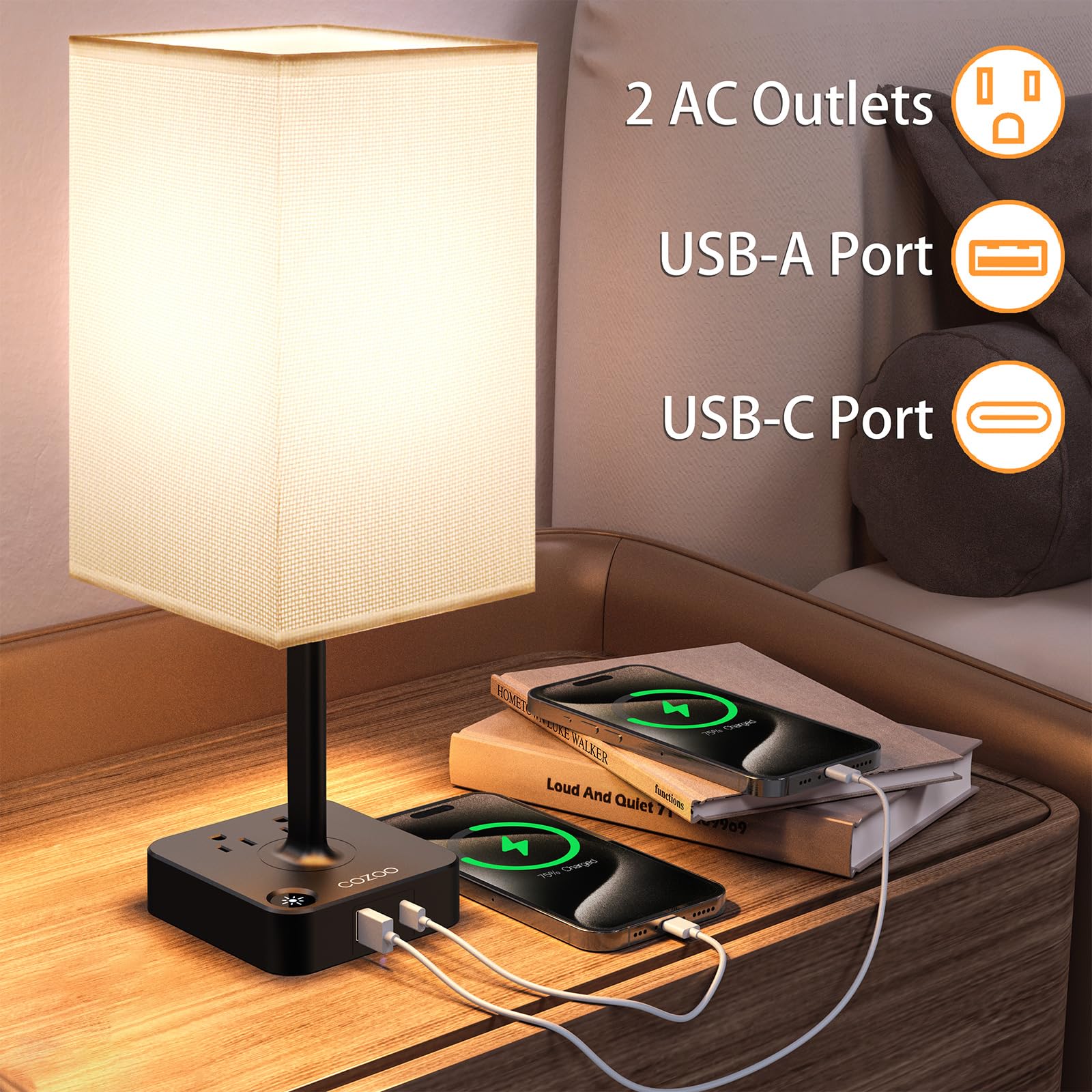 Cozoo USB Bedside Table Desk Lamp with 3 USB Ports, 2 Outlets, White Fabric Shade, 5.2inD x 5.2inW x 13.65inH