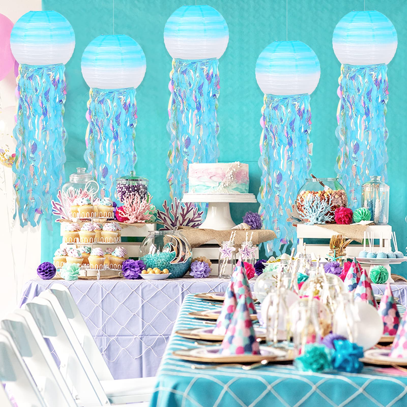 Adlkgg Hanging Jelly Fish Paper Lanterns, Gradient Colorful Blue Paper Lanterns For Mermaid Theme Party Under The Sea Ocean Birt