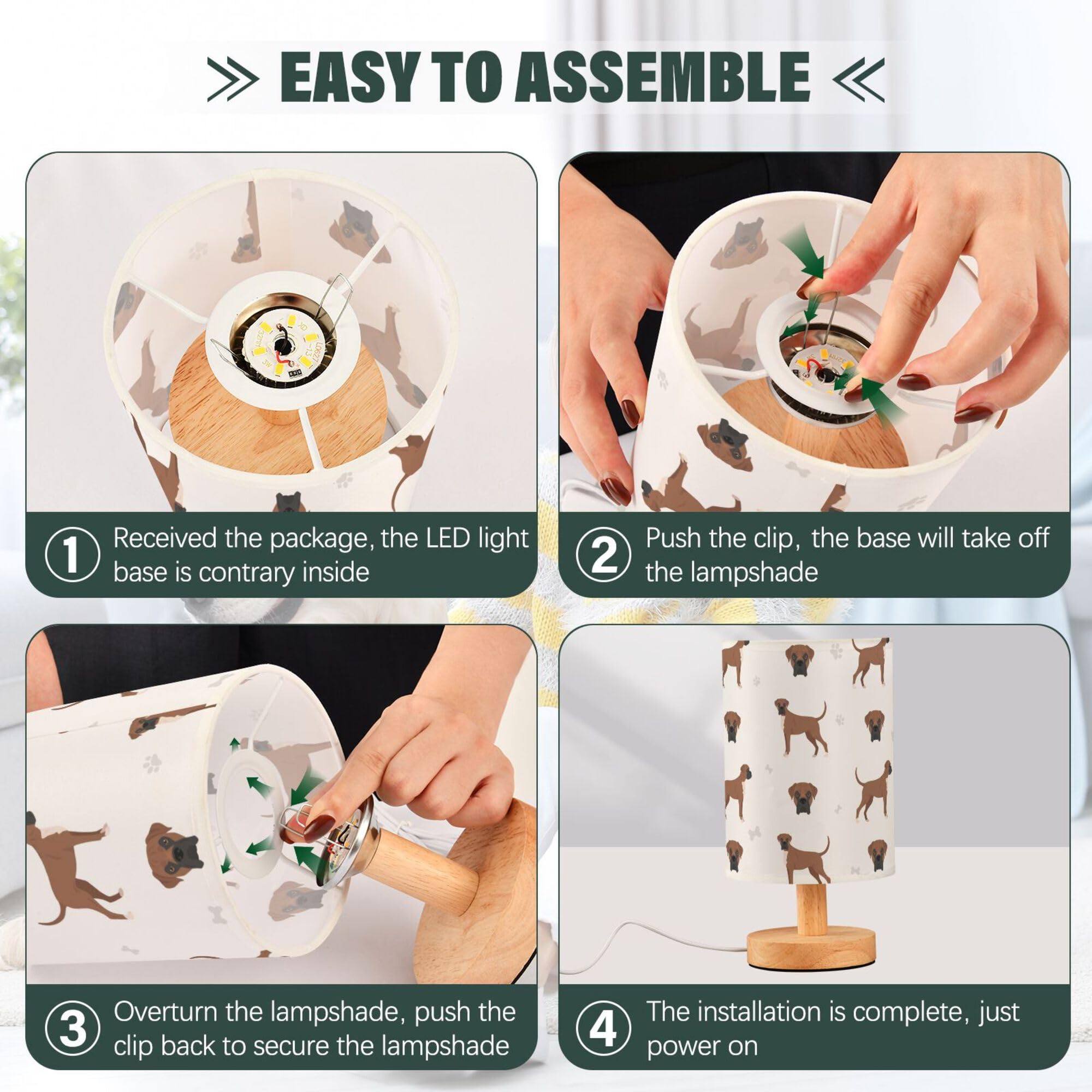 Yyzzh Table Lamp Boxer Dog Pattern Nightstand Lamp With Wood Base Fabric Lamp Shade Bedside Desk Lamp For Living Room Bedroom Ki