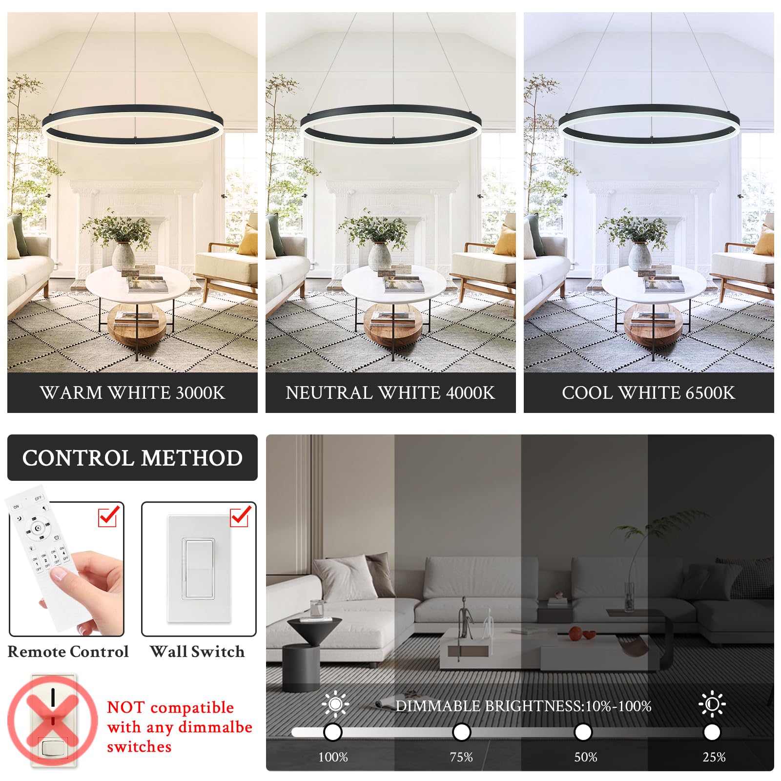 Sparklelf Modern Led Pendant Lighting 24 Ring Chandelier Black Dimmable Led Chandelier For Dining Room 36W Adjustable Pendant Light Fixture For Living Room Bedroom Home Office Foyer  3000-6500K