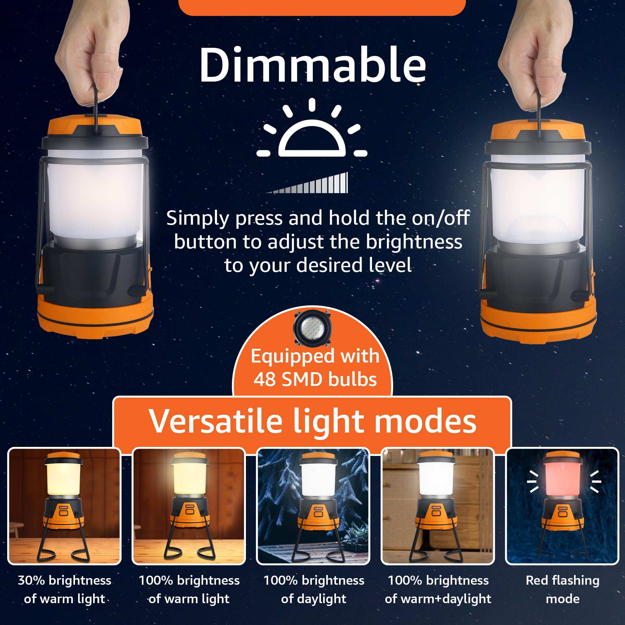AYL Rechargeable LED Camping Lantern - 2300 Lumens, Waterproof, Black and Orange, Model RESL688, Perfect for Emergencies and Outdoor Use