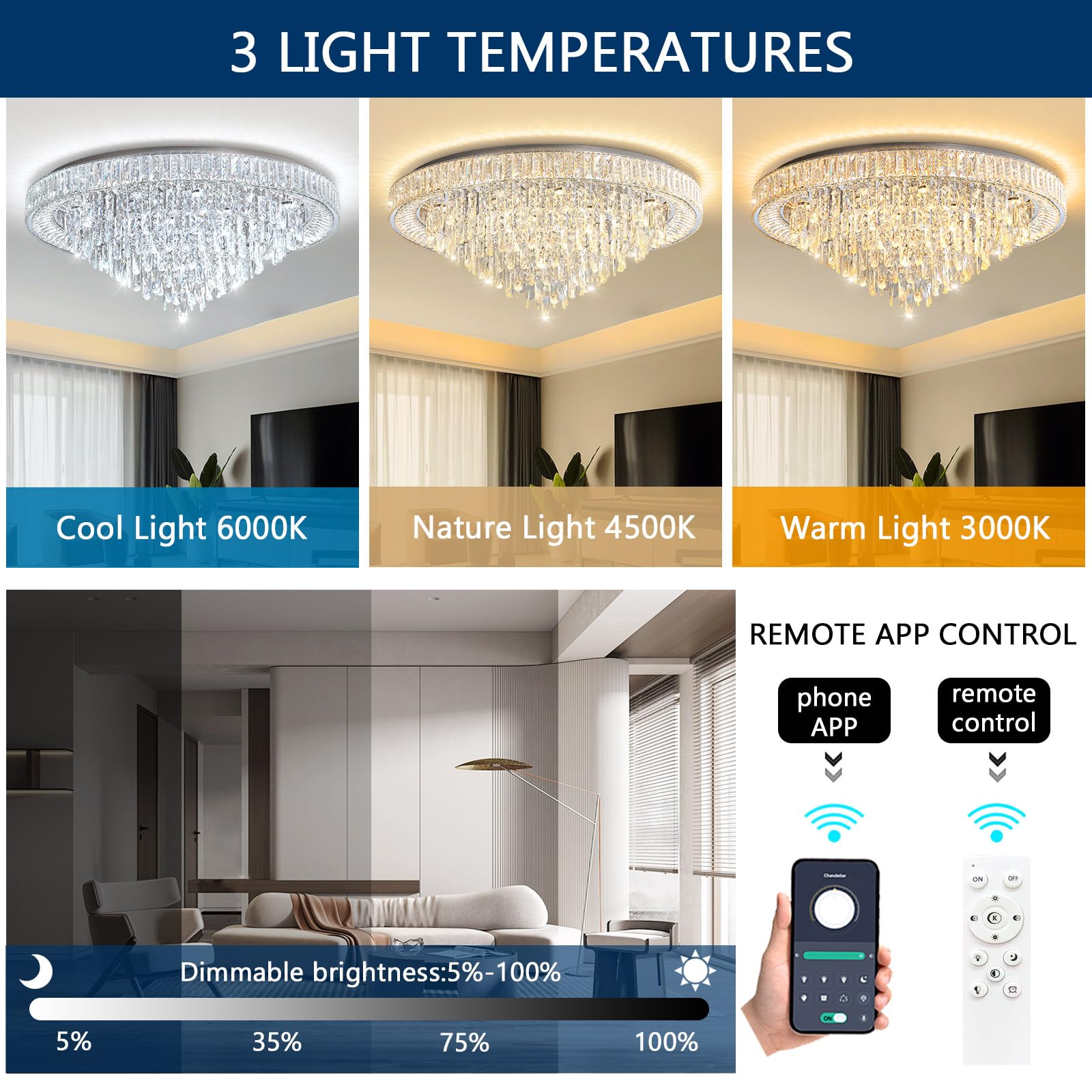 dolria Crystal LED Chandelier, Modern Flush Mount, 39.3'' Width, Silver, Model PC1019-100S, Dimmable for Living Room, Foyer, Bedroom, Dining