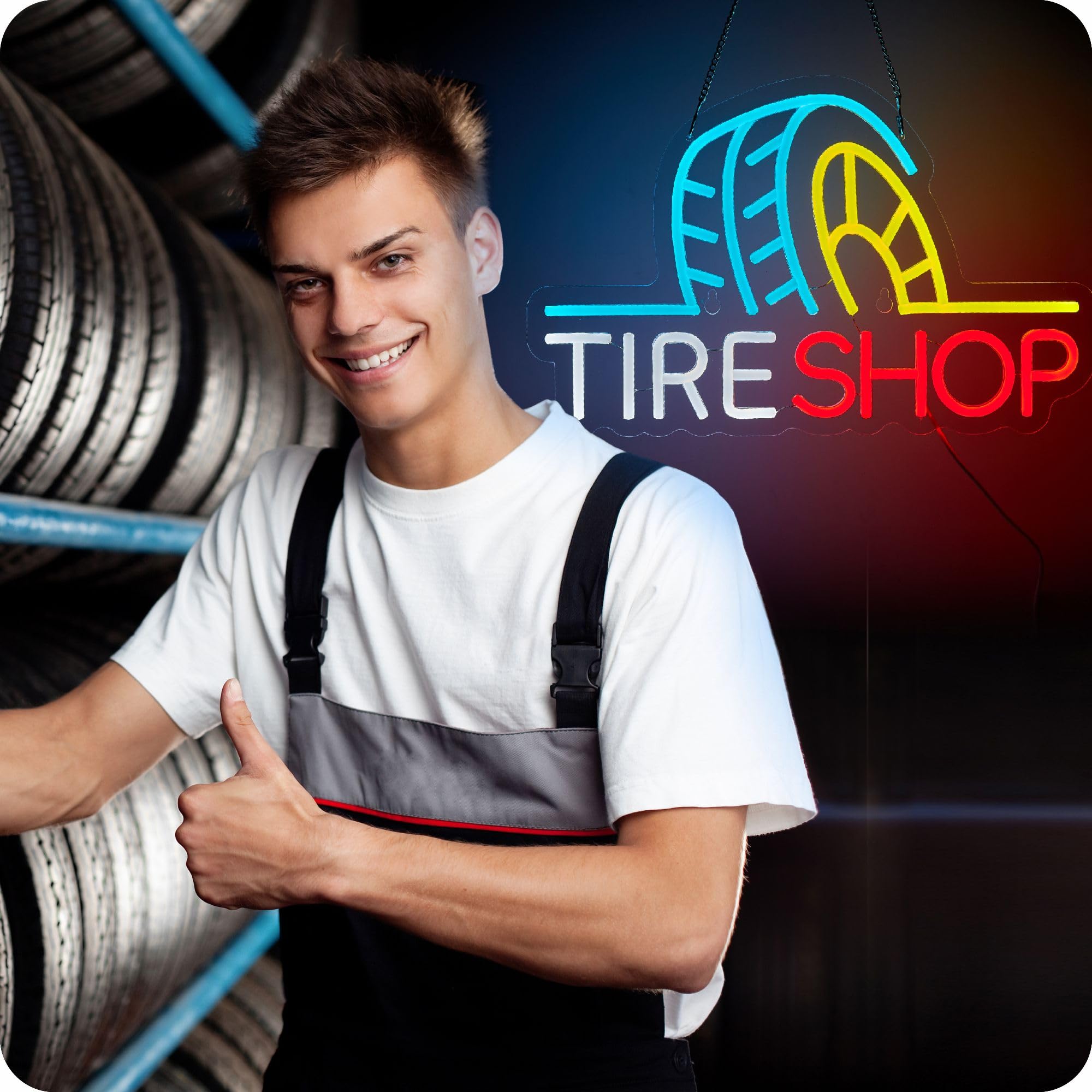 IMTATTO Tire Shop Neon Sign - LED Wall Light, Dimmable, USB Powered, 16.5x11 inches, Blue/Yellow/Red - Garage Decor for Auto Supplies