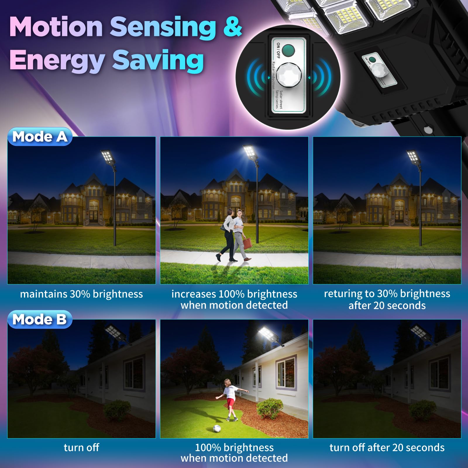 LANGY Solar Street Light Outdoor, 3000W Wide Angle Lights Outdoor Motion Sensor, Solar Parking Lot Lights Dusk to Dawn, 6500K LE