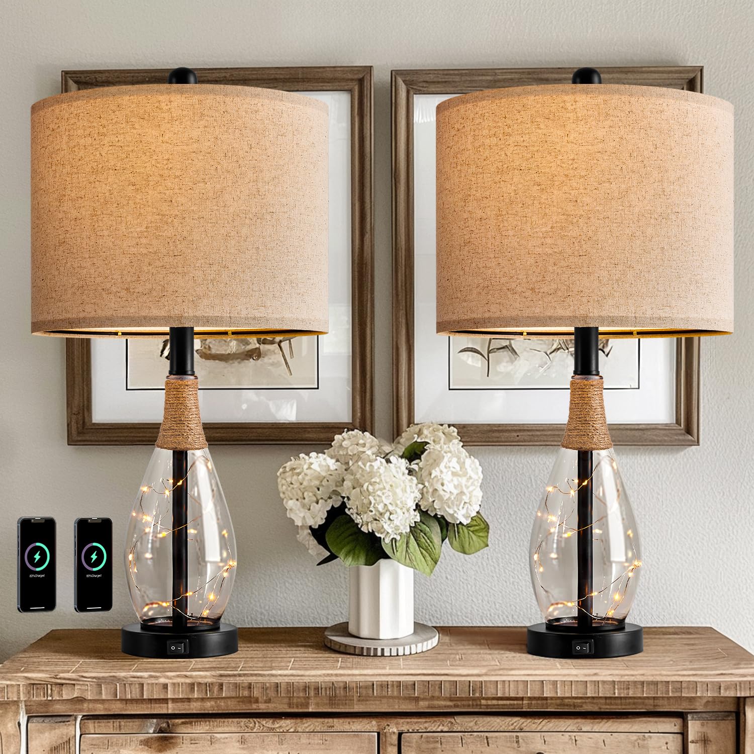 OYEARS 23" Black Rattan Table Lamps Set of 2 for Living Room, USB Night Lights, Model AMZ-T1140BK-U0