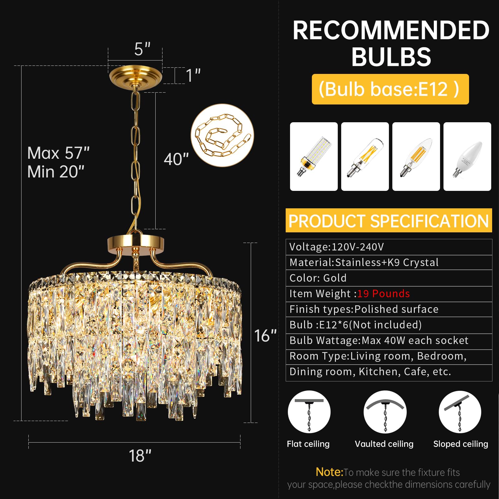 NISIDUN 6-Light Gold Crystal Chandelier, Modern Pendant Lighting for Dining Room, 18" Diameter, Luxury Ceiling Fixture