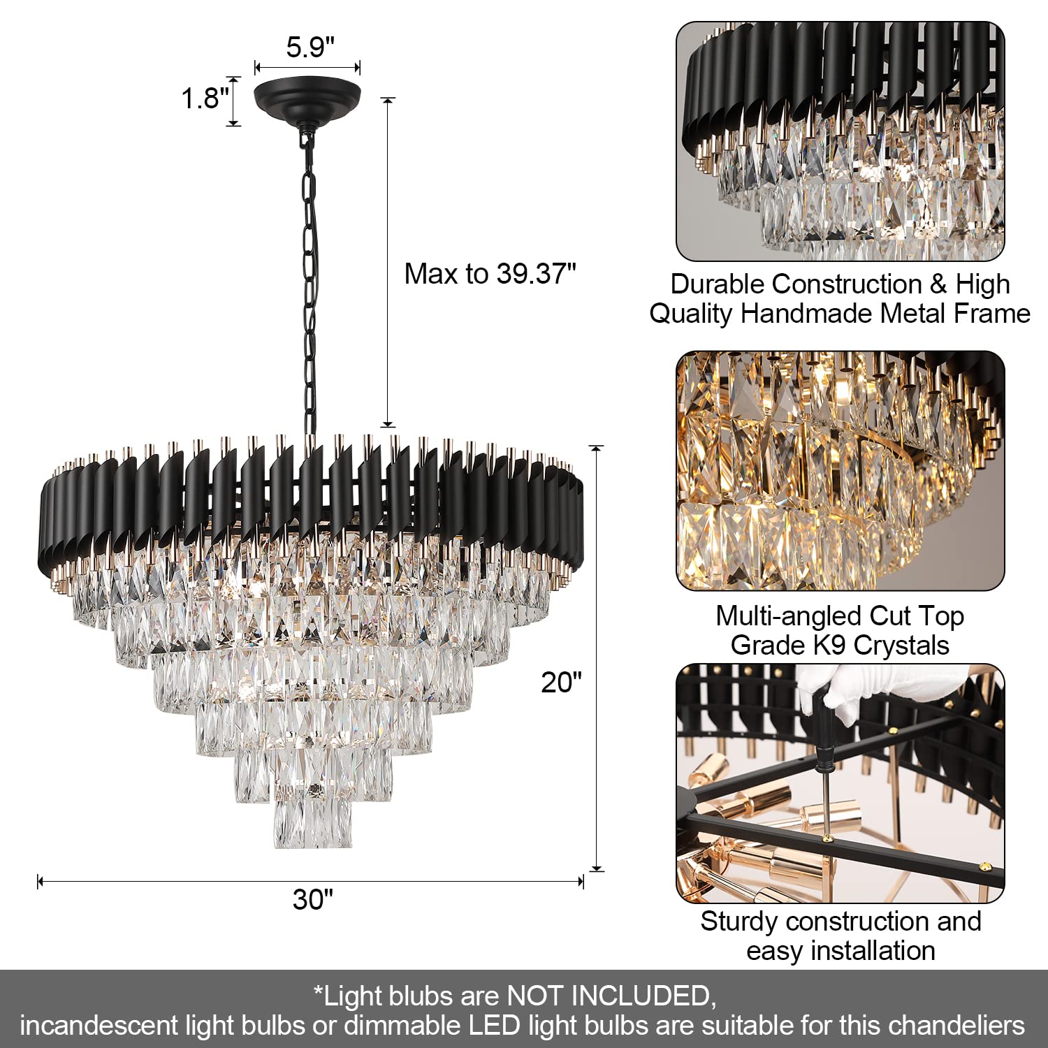 AXILIXI Modern 30” Black & Gold Crystal Chandelier, 6-Tier K9 Pendant Light for Dining Room, Entryway, Foyer, Model DH8801B-750