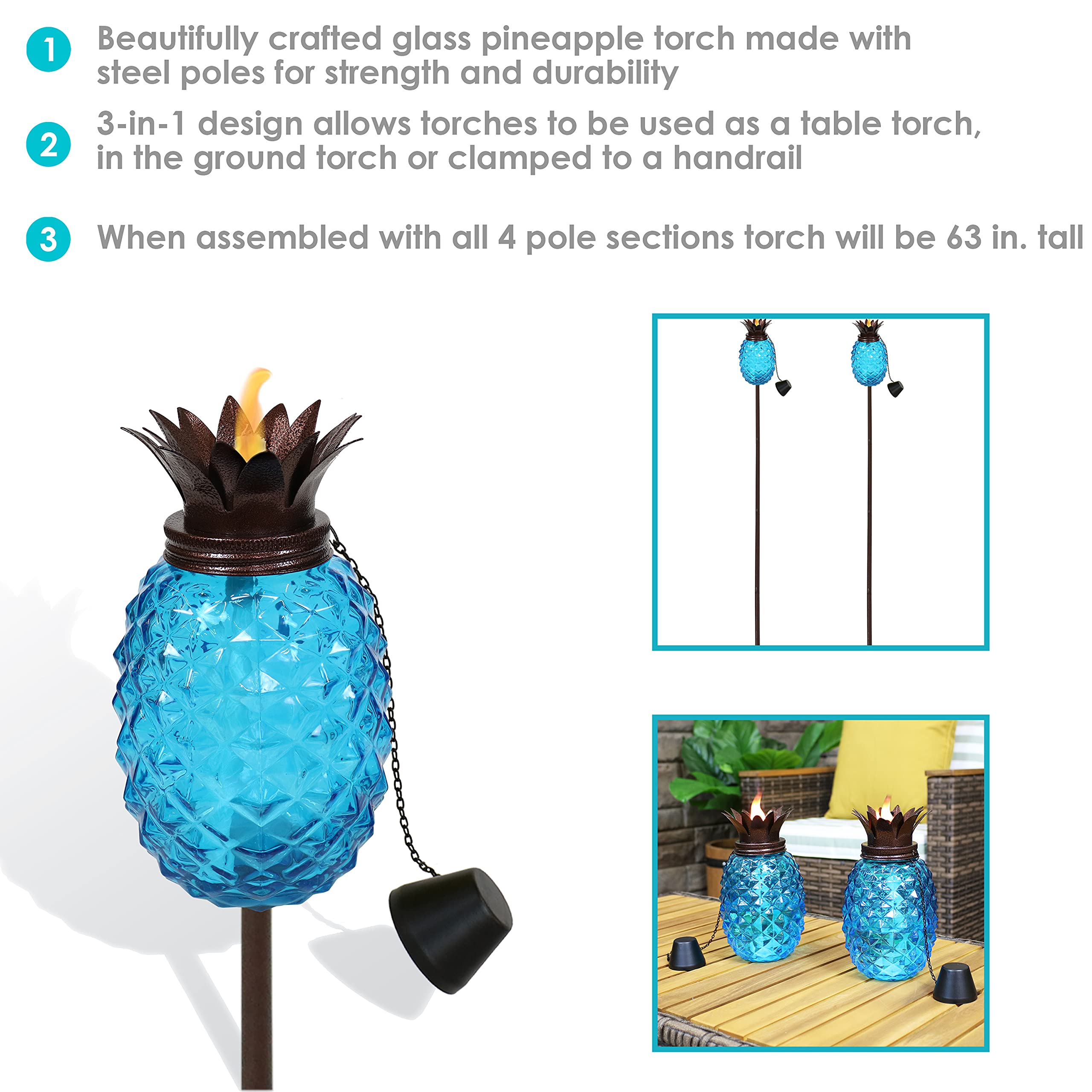 Sunnydaze Tropical Pineapple Glass Patio Torches Set of 2, 23-63 Inch Adjustable Height, Blue, Steel, Model WKO-723