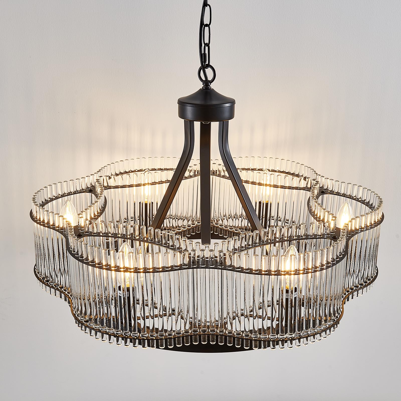 HCCZ 6 Light Modern Crystal Chandelier Dining Room Light Fixture Black Round with Crystal Rods Pendant Lighting Adjustable Farmh