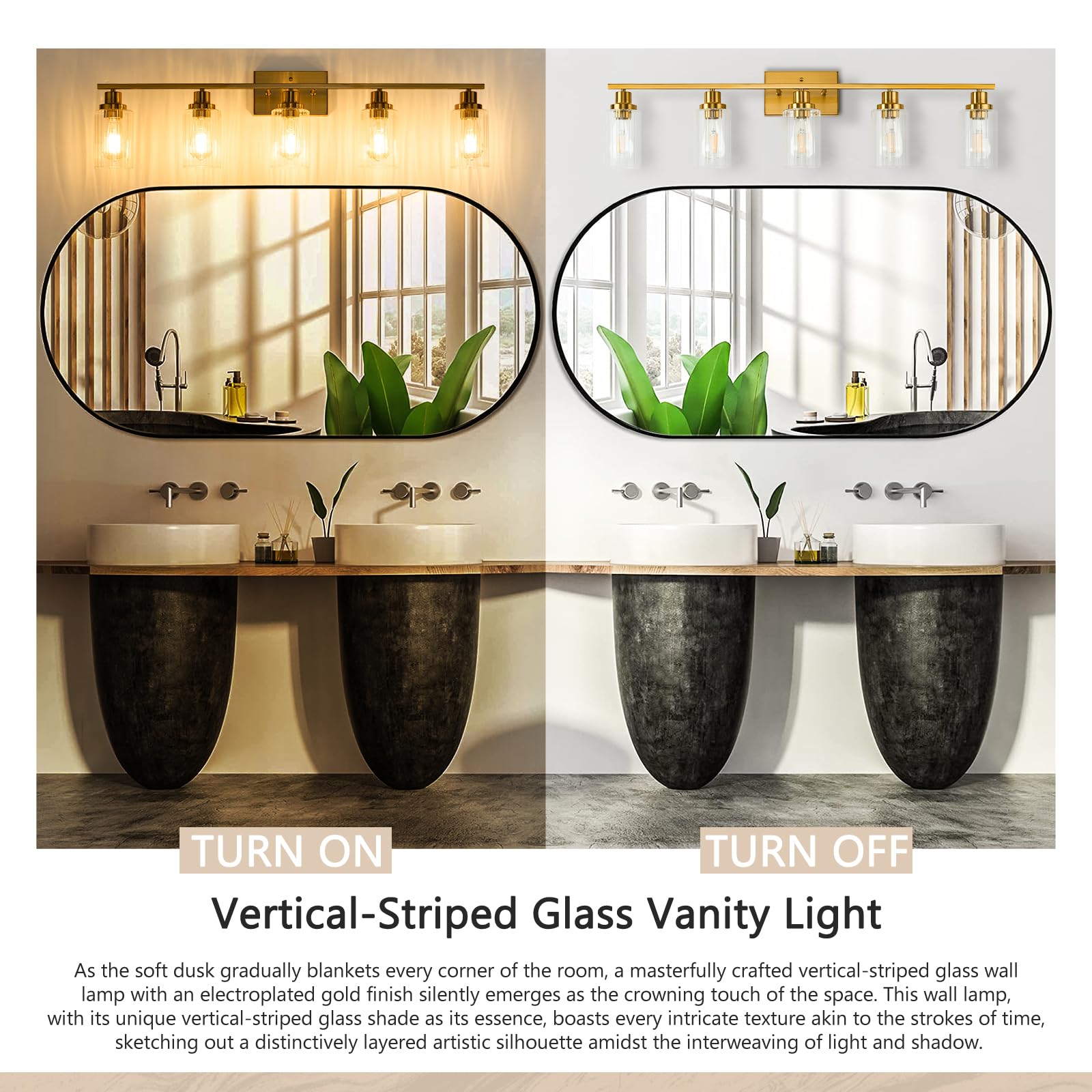 Jonsi 5-Light Brushed Gold Bathroom Vanity Light Fixture with Glass Shade, 40.2 Inch, E26 Wall Sconces for Bathroom and Hallway