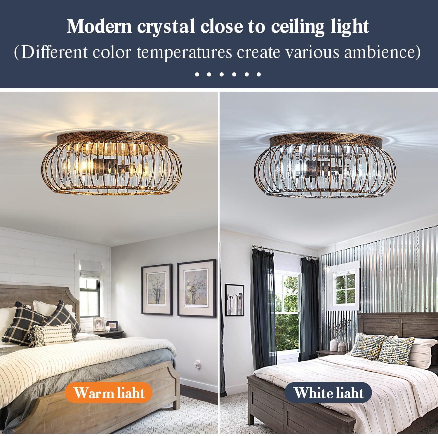 Yyjlx Modern Crystal Flush Mount Ceiling Light, Bronze 3-Light Chandelier For Home Decor