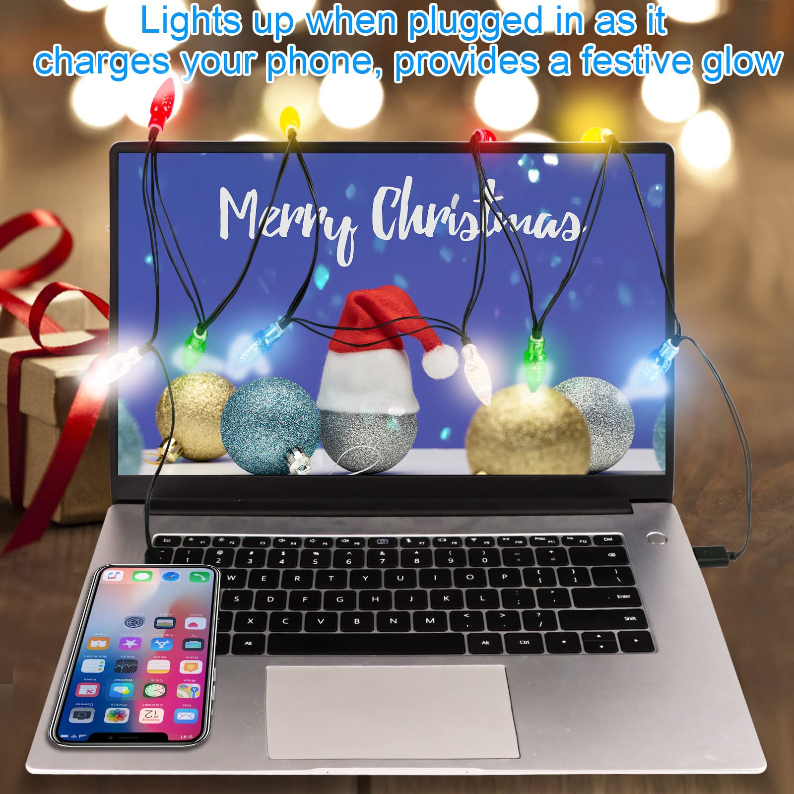 2Pack LED Christmas Lights Charging Cable,USB and Bulb Charger,50inch 10led Multicolor Available with Phone 5,5s,6,6plus,6s,6s P