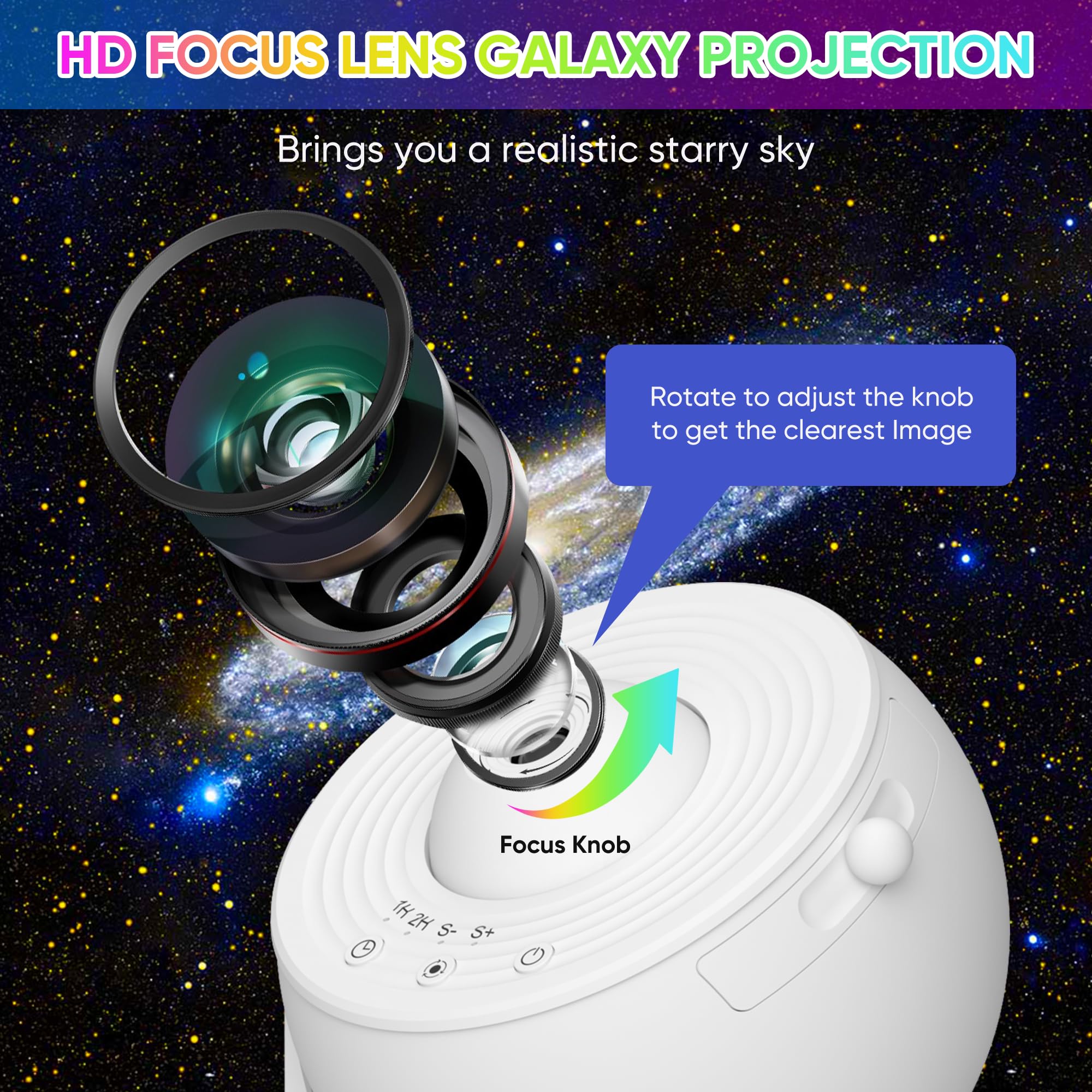 FlyLily Galaxy Projector - 13 in 1 HD  tarium, 360 Rotating Light, Adjustable Timer, White, Model BL-DQY02