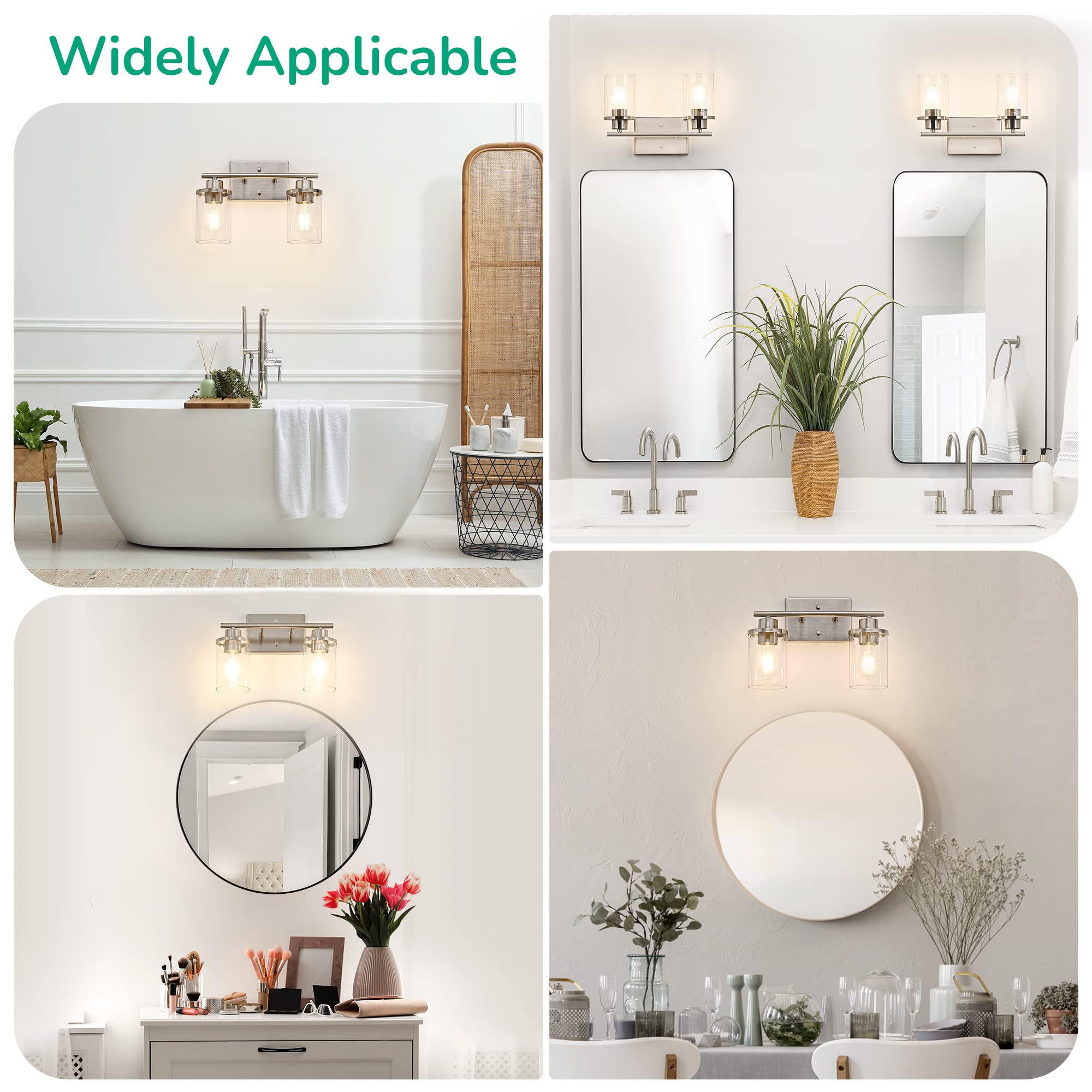 EDISHINE 2 Light Bathroom Vanity Light Fixtures, Brushed Nickel, Modern Wall Sconces, Glass, ETL Listed