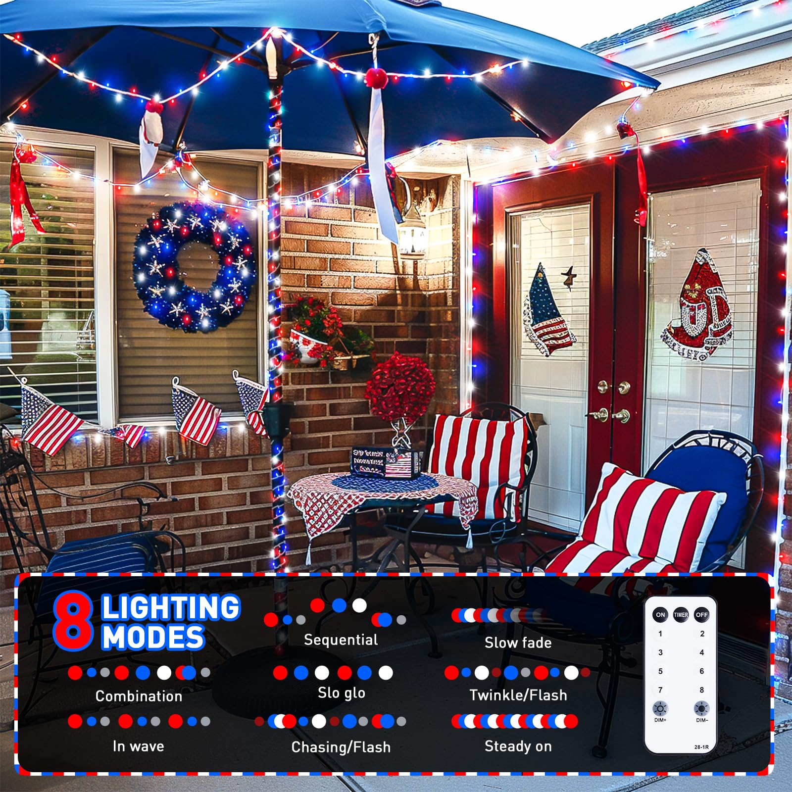 Jmexsuss 168Ft 600 Led 4Th Of July Lights Plug In Patriotic Lights Outdoor Waterproof 8 Modes Red White And Blue Lights For Independence Day American Flag Holiday Party Christmas Tree Decorations