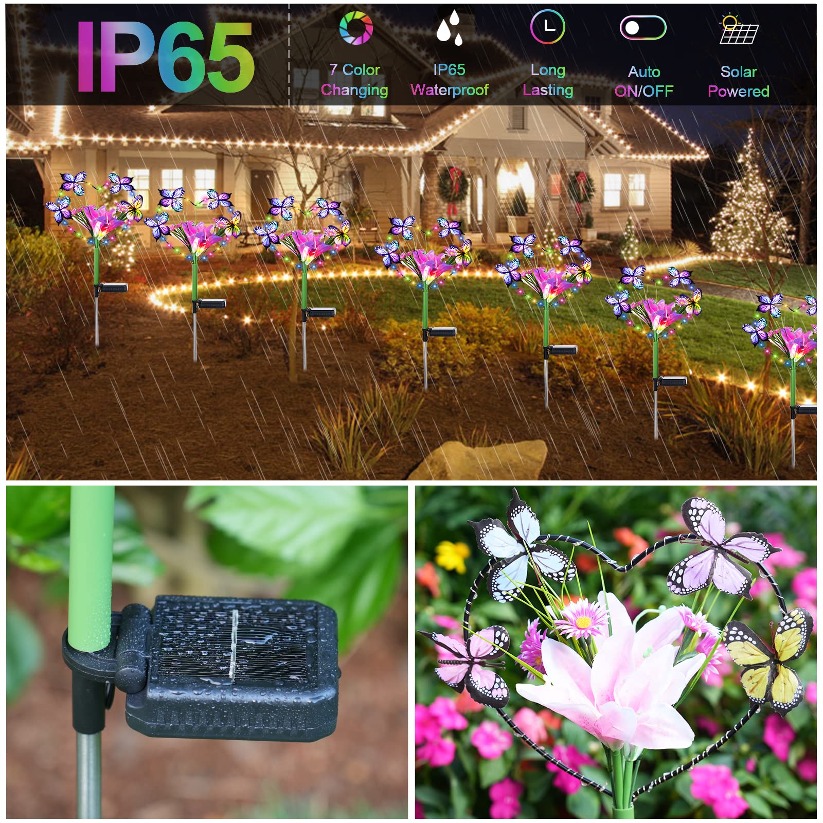 Aukora Solar Garden Lights - Waterproof Heart-Shaped Design With Butterflies & 7 Color Changing Leds - 2-Pack, Multicolor
