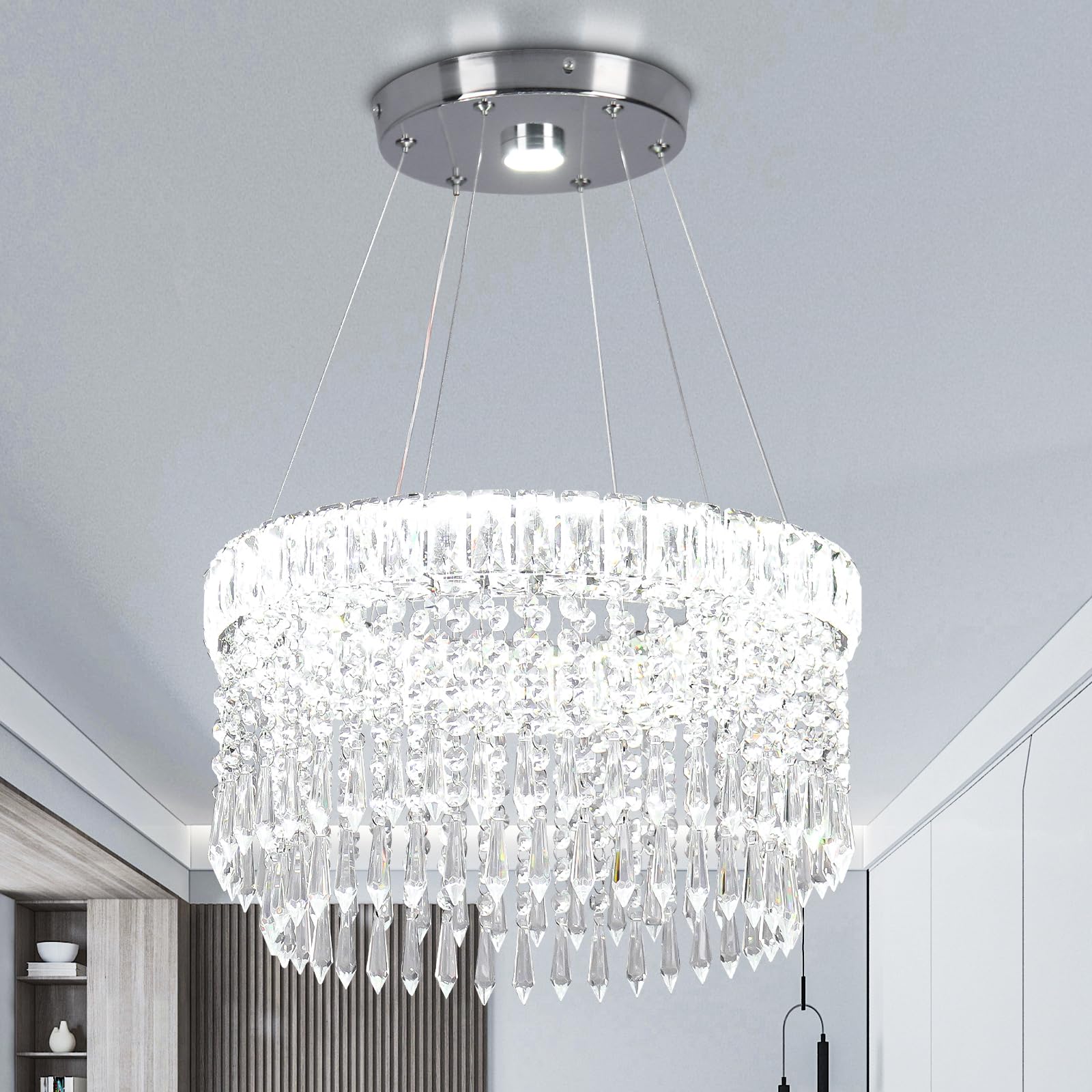 Cainjiazh Modern Crystal Chandelier Light Fixtures stylish Chandeliers Pendant Light Fixtures 16  Round Flush Mount Chandeliers Ceiling Lighting For Living Room Dining Room Bedroom White