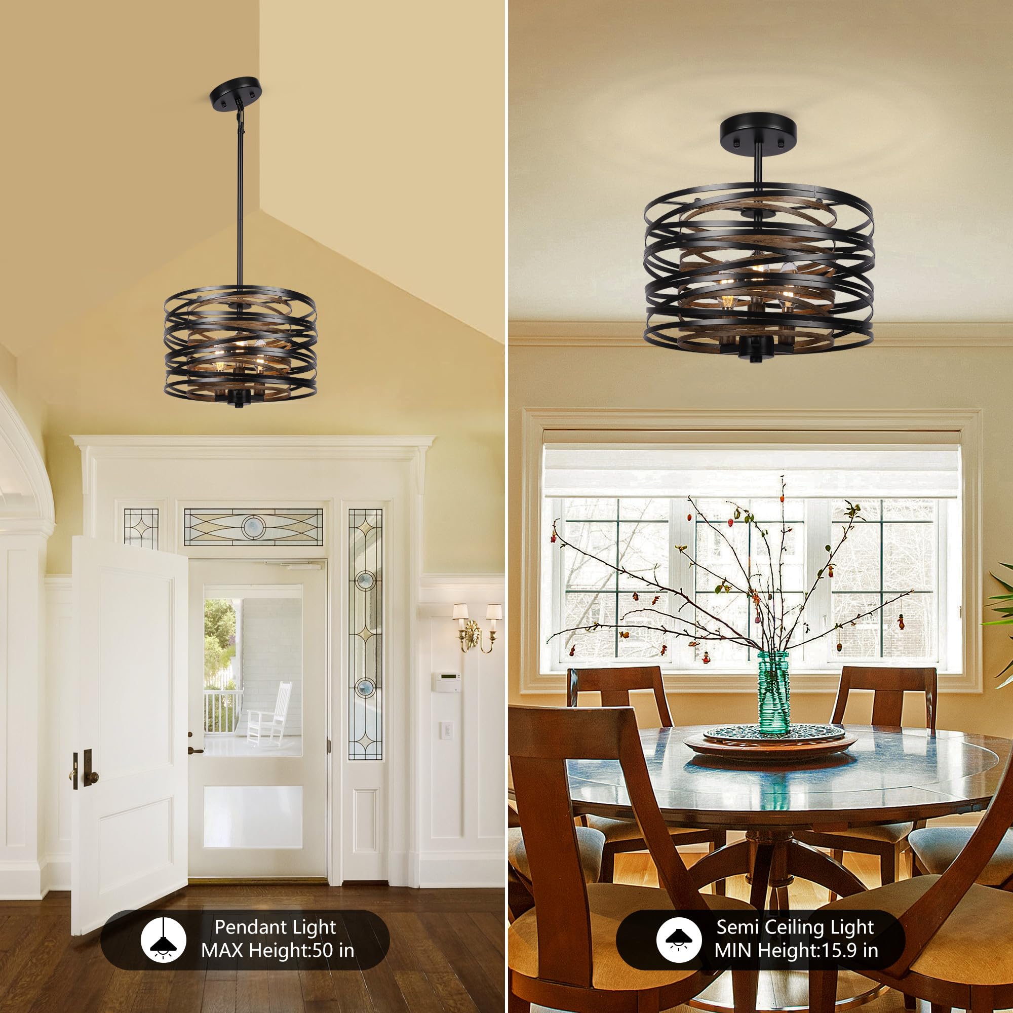 Sigaitwei 3-Light Rustic Black Drum Chandelier, Metal Light Fixture for Kitchen, Entryway, Living Room