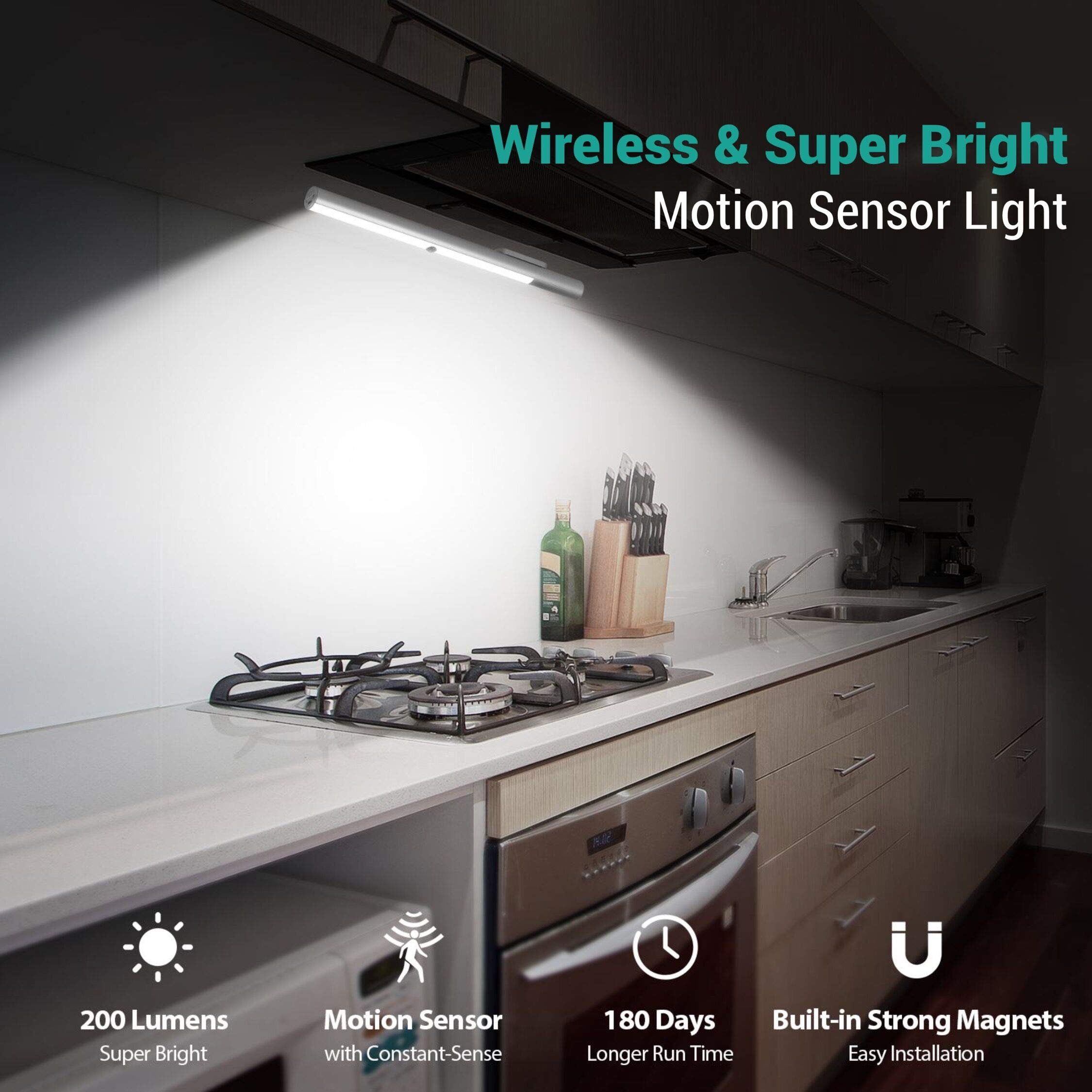 Reoshine Under Cabinet Lights Motion Sensor Light Indoor, Led Closet Lights Battery Operated Lights, 4500Mah Usb C Rechargeable Under Cabinet Lighting Wireless, 6000K Cool White, 180 Days Battery Time