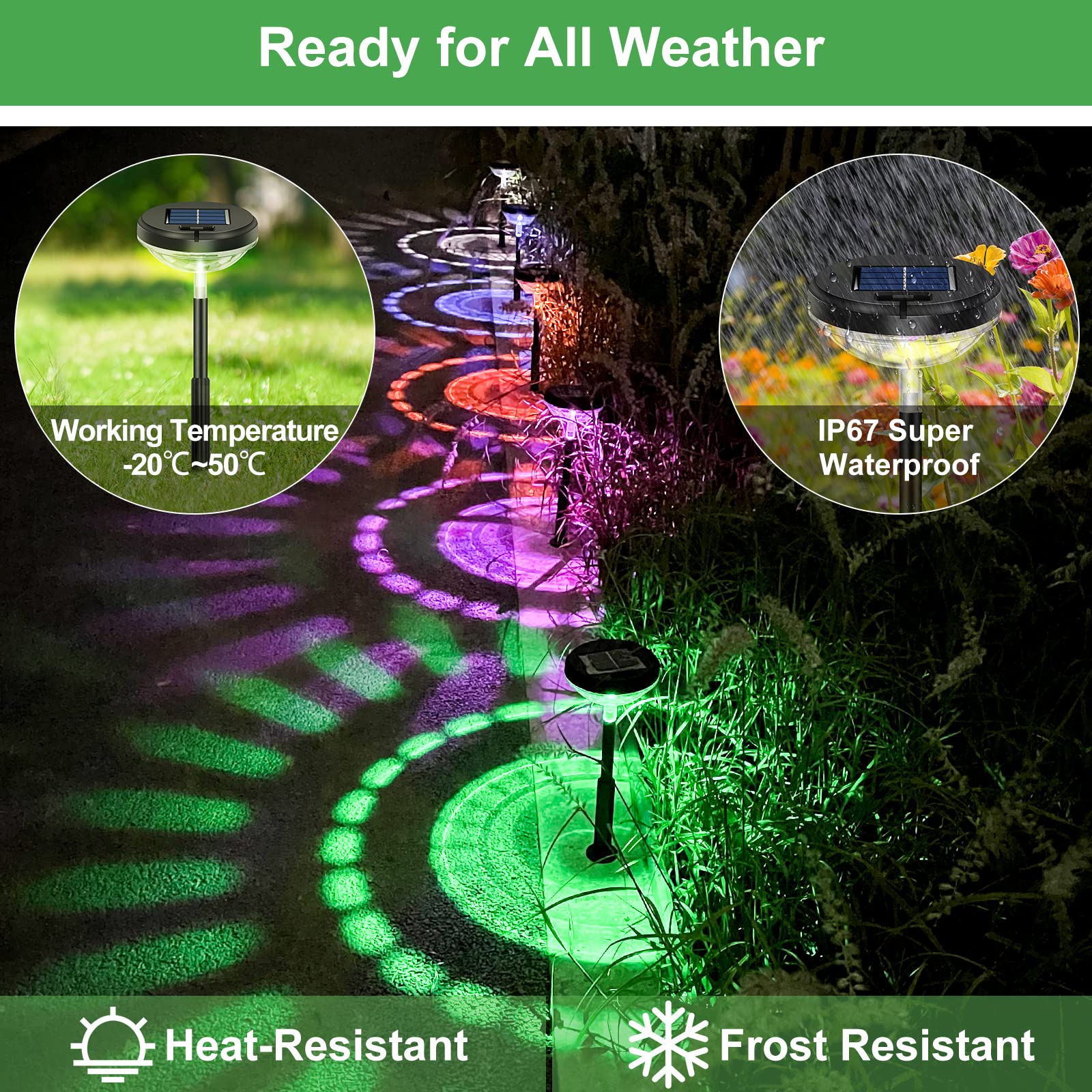 Nupostai Bright Solar Pathway Lights 2 Pack,Color Changing+Warm White Led Solar Lights Outdoor,Ip67 Waterproof Solar Path Lights